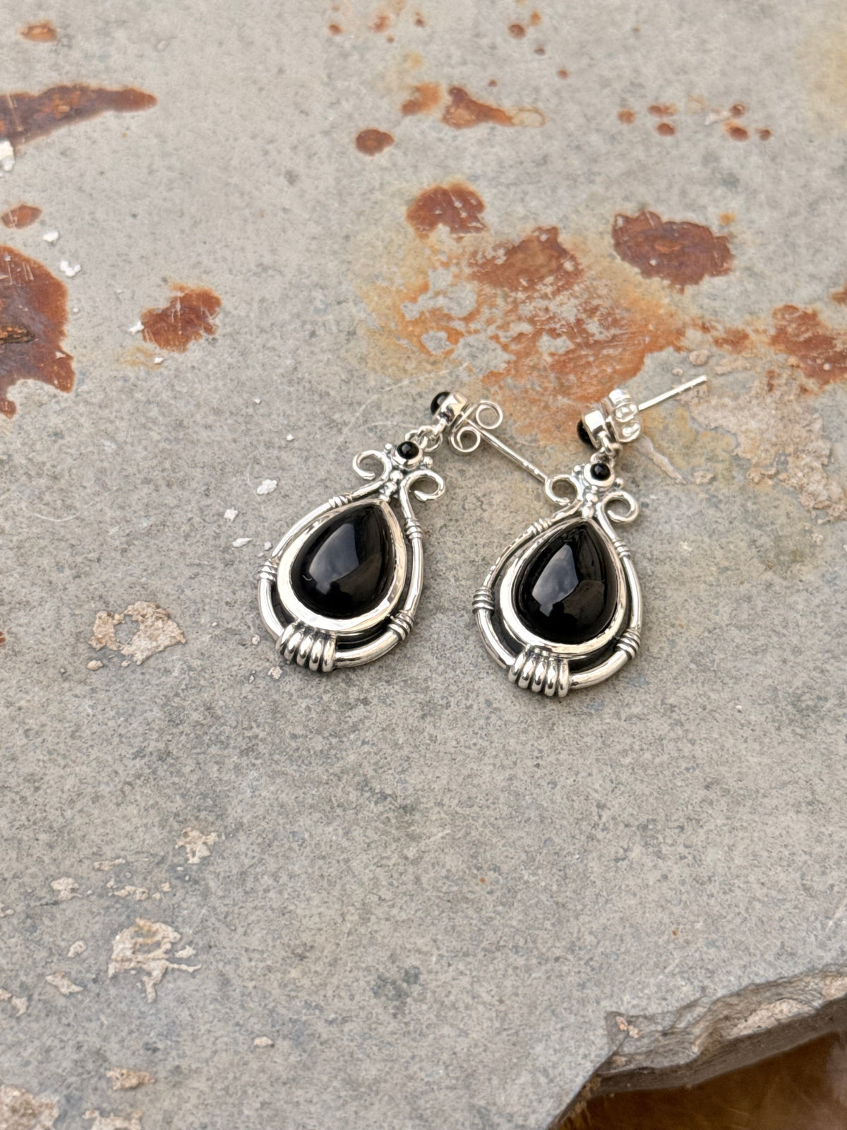 925 Sterling Silver Black Onyx Pear Gothic Handcrafted Studs Earrings