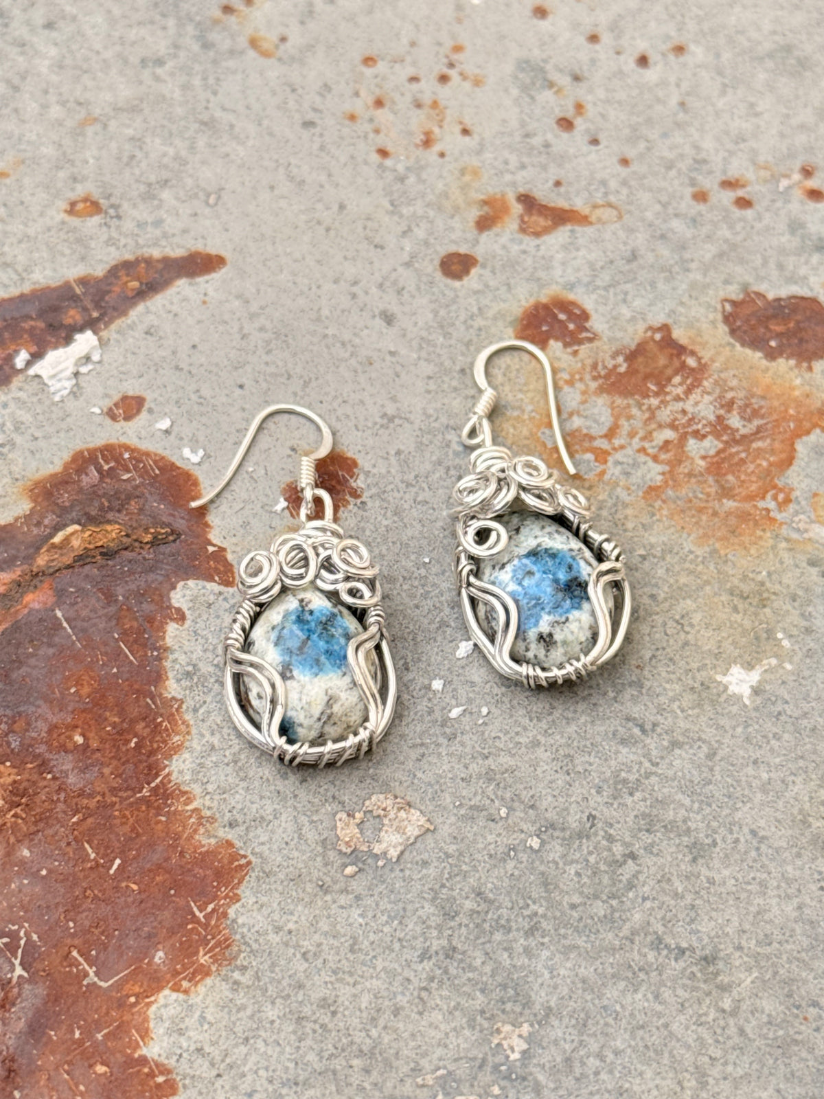 925 Sterling Silver Jasper Hook Wire Wrap Handcrafted Spiral Earrings