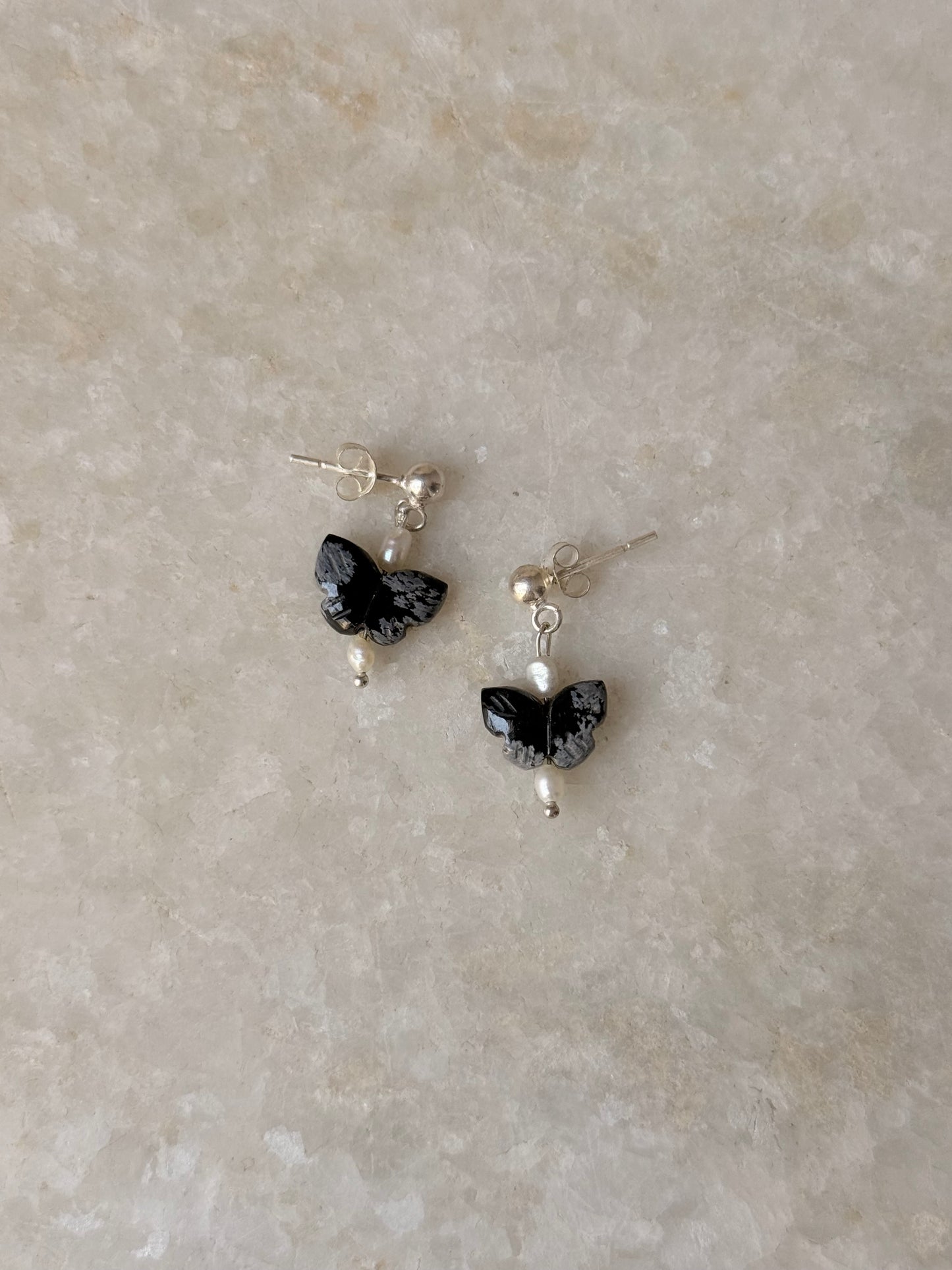 925 Sterling Silver Black Jasper Pearl Butterfly Crystal Studs Earring