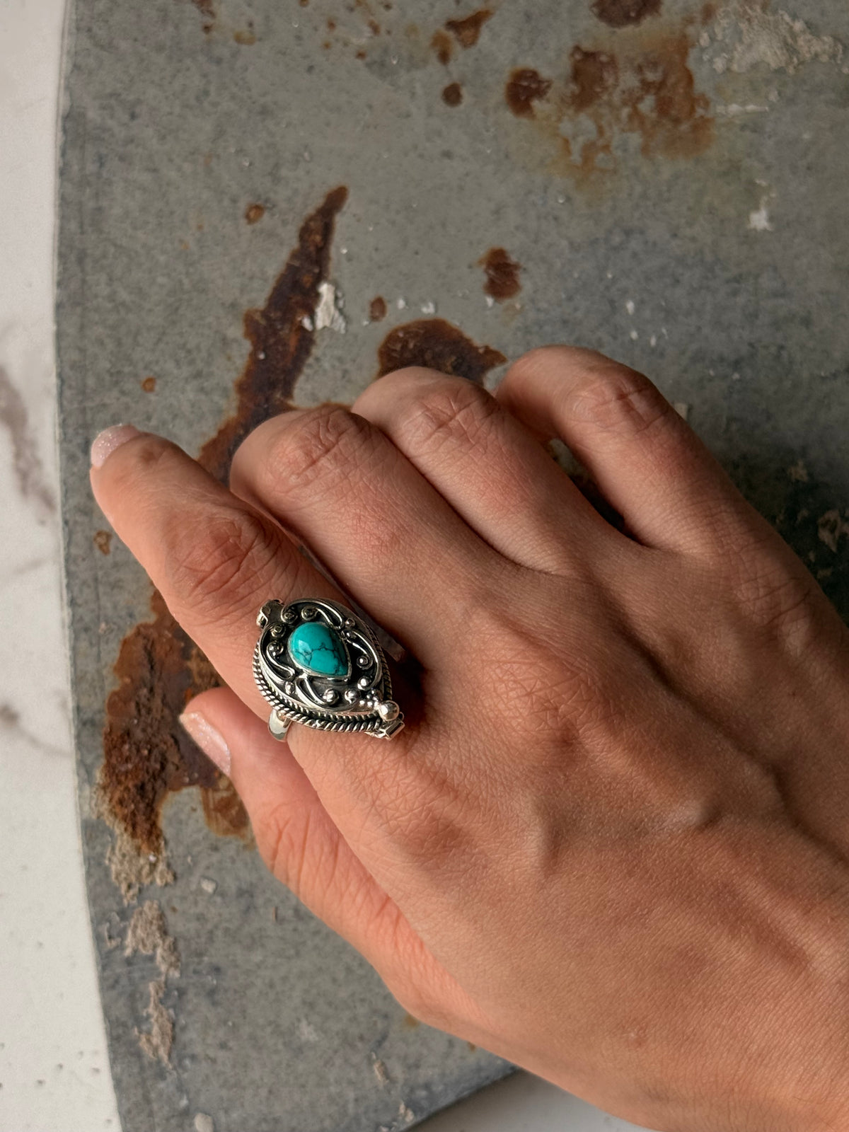 925 Sterling Silver Faux Turquoise Storage Ring