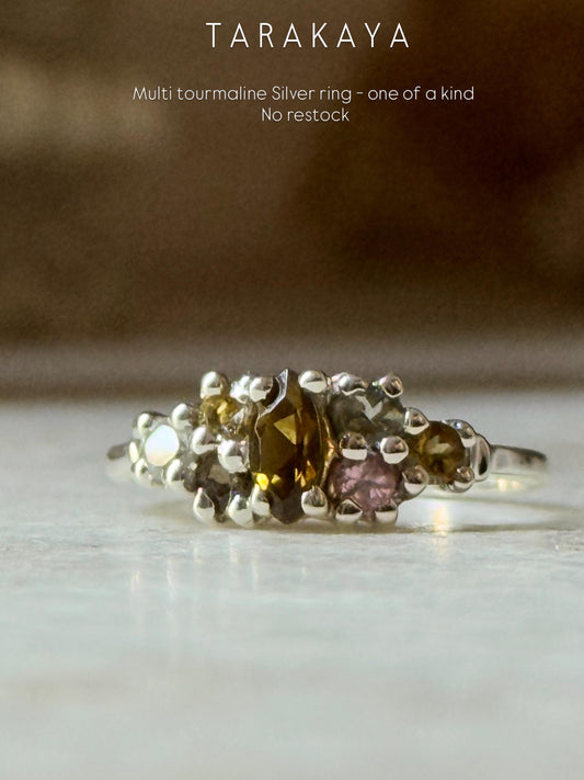 925 Sterling Silver Natural Multi Tourmaline Marquise Cluster Ring