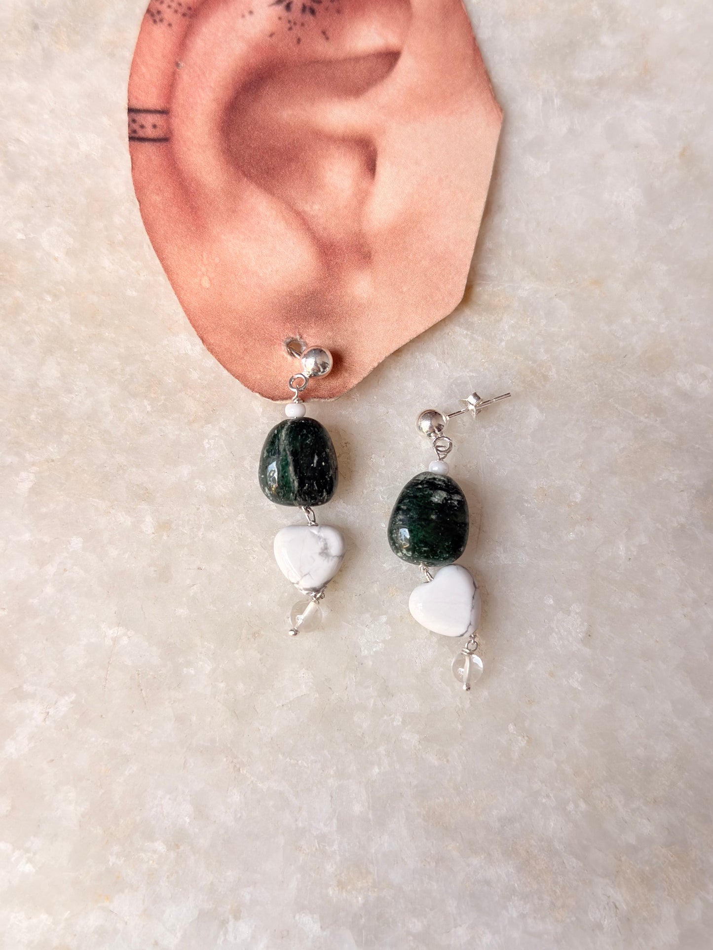 925 Sterling Silver Green Aventurine, Howlite & Clear Quartz Earrings