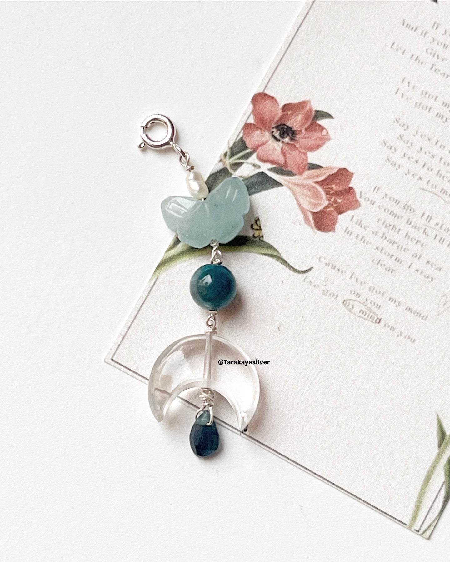 Clear Quartz Crescent Moon, Aquamarine Butterfly & Apatite Round Crystal Handmade Charm 925 Sterling Silver Fresh Water Pearl Necklace