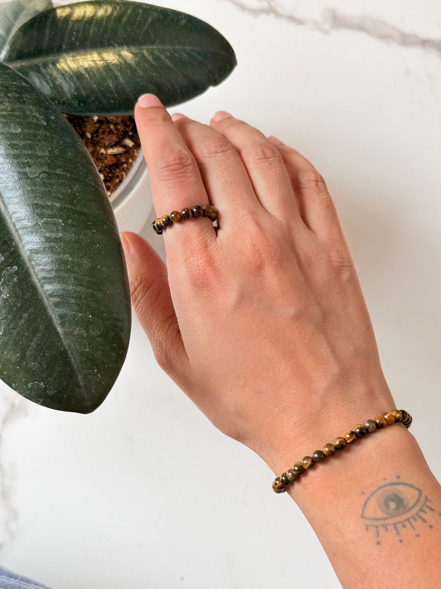 Natural Crystal Tiger Eye 4MM Stretchy Ring & Bracelet