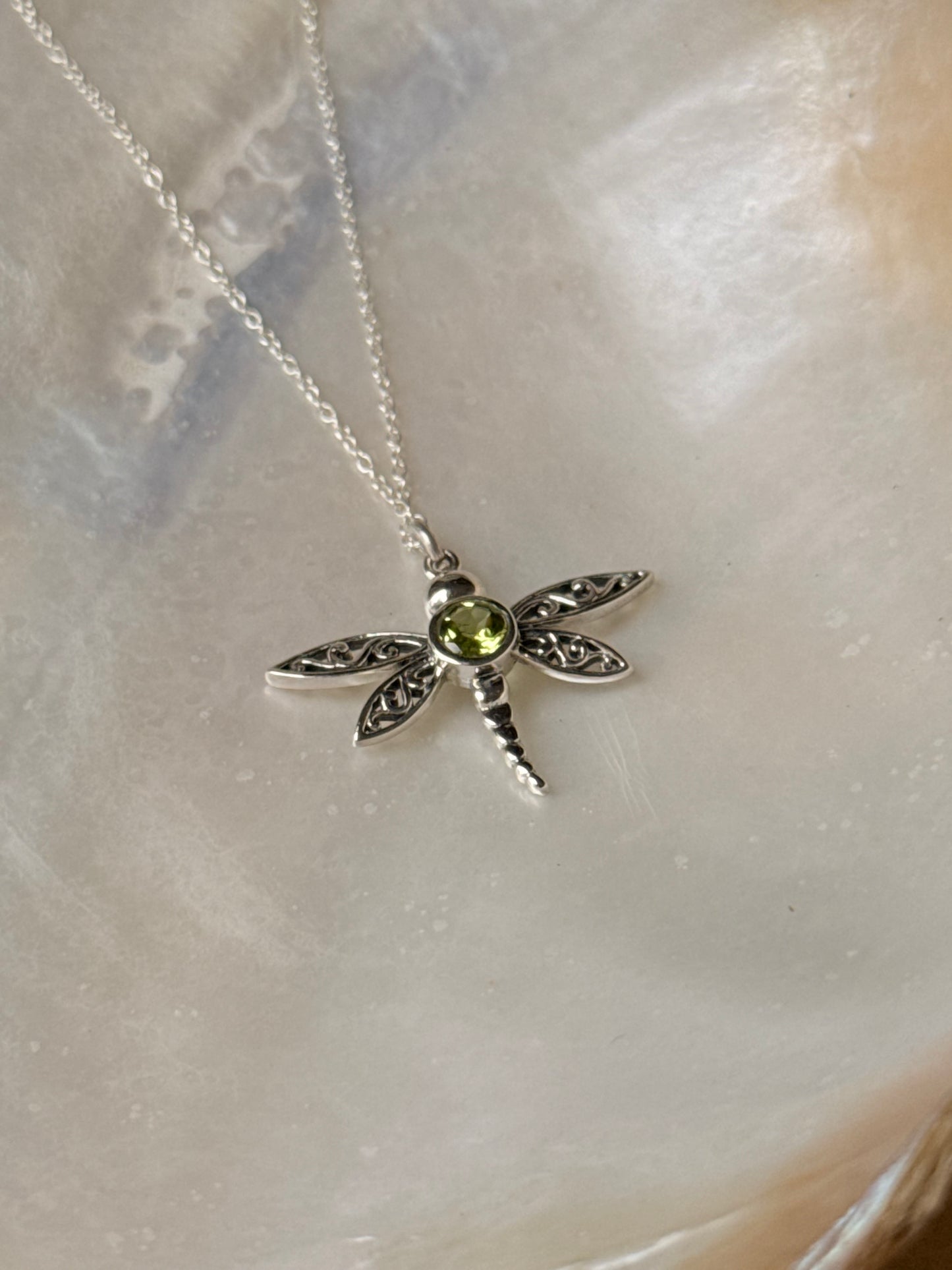 925 Sterling Silver Peridot Dragonfly Dainty Cable Chain Necklace