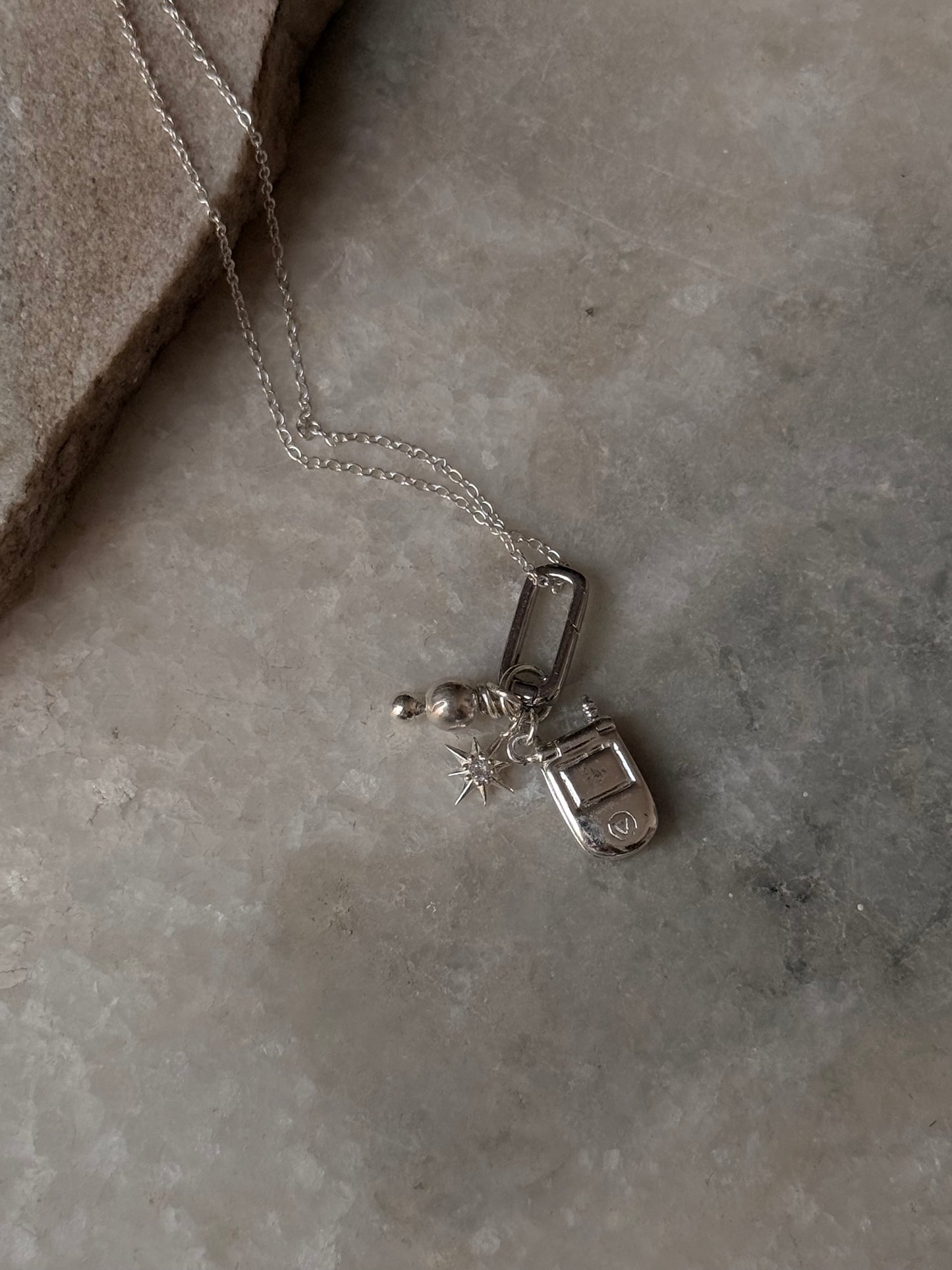 925 Sterling Silver Flip Mobile Phone, White Topaz North Star and Silver Bead With Italian Rectangular Charm Connector