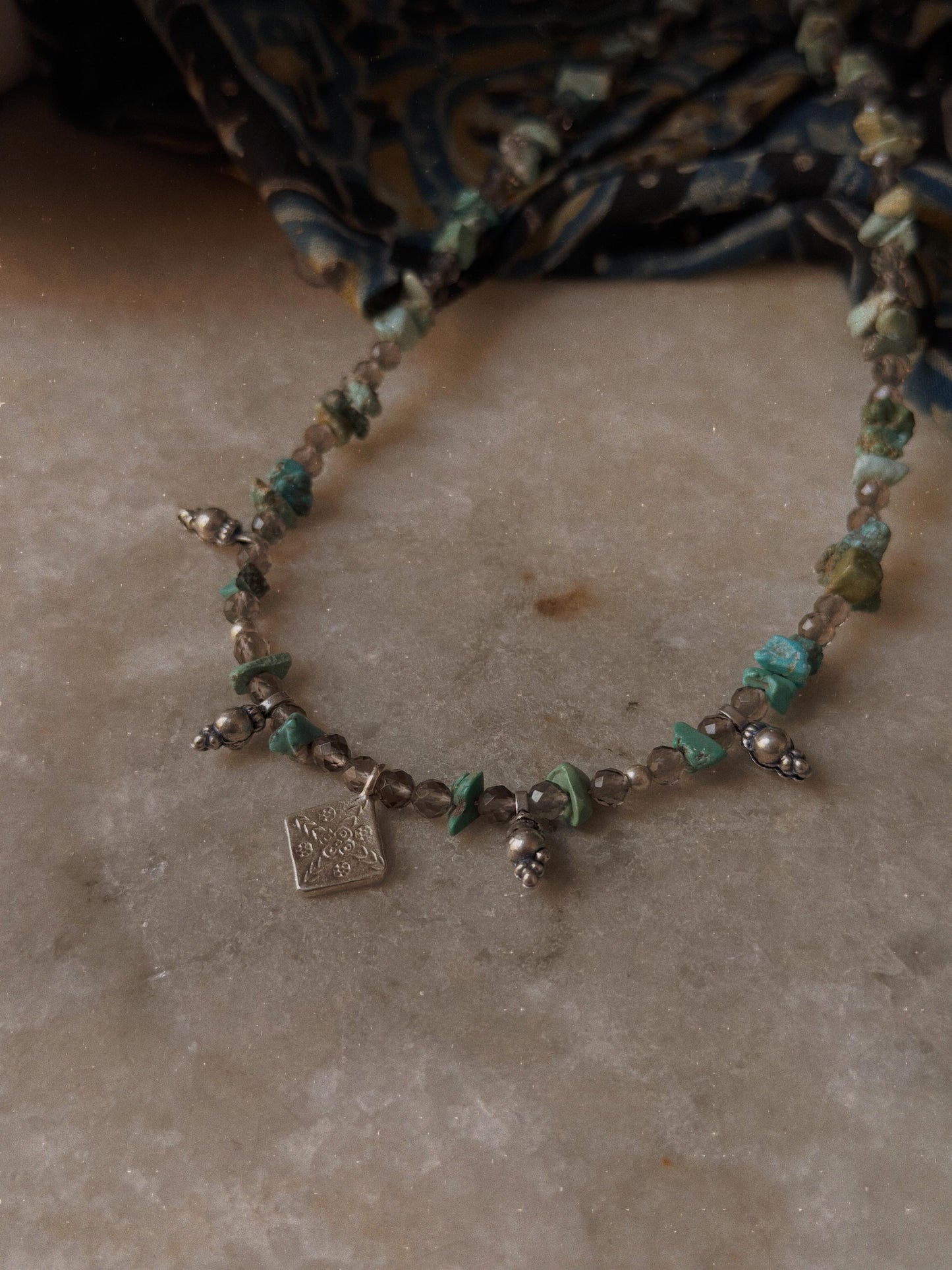 925 Sterling Silver Turquoise & Smokey Quartz Tribal Necklace