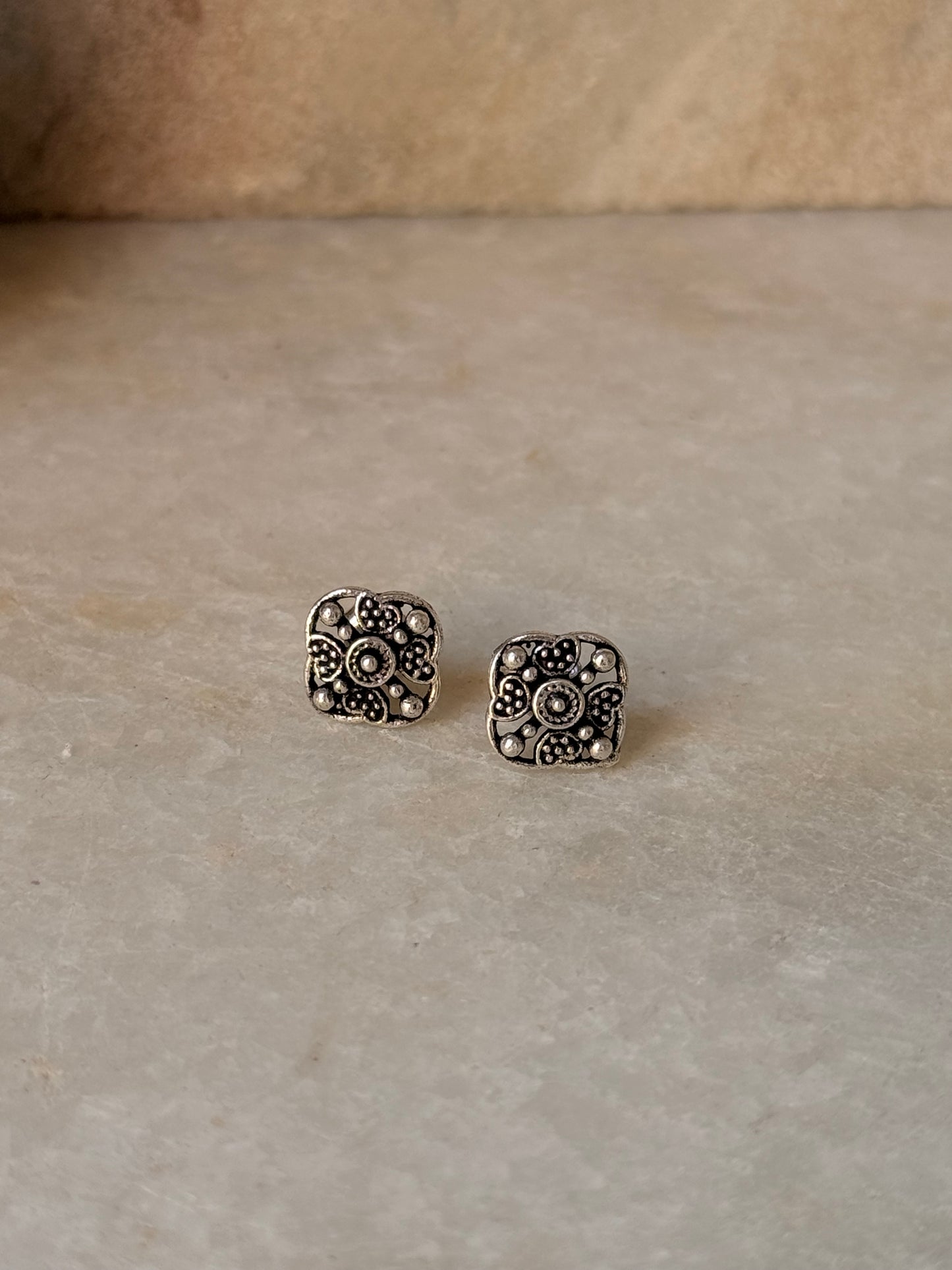 925 Sterling Silver Antique Plain Oxidised Boho Studs Earrings