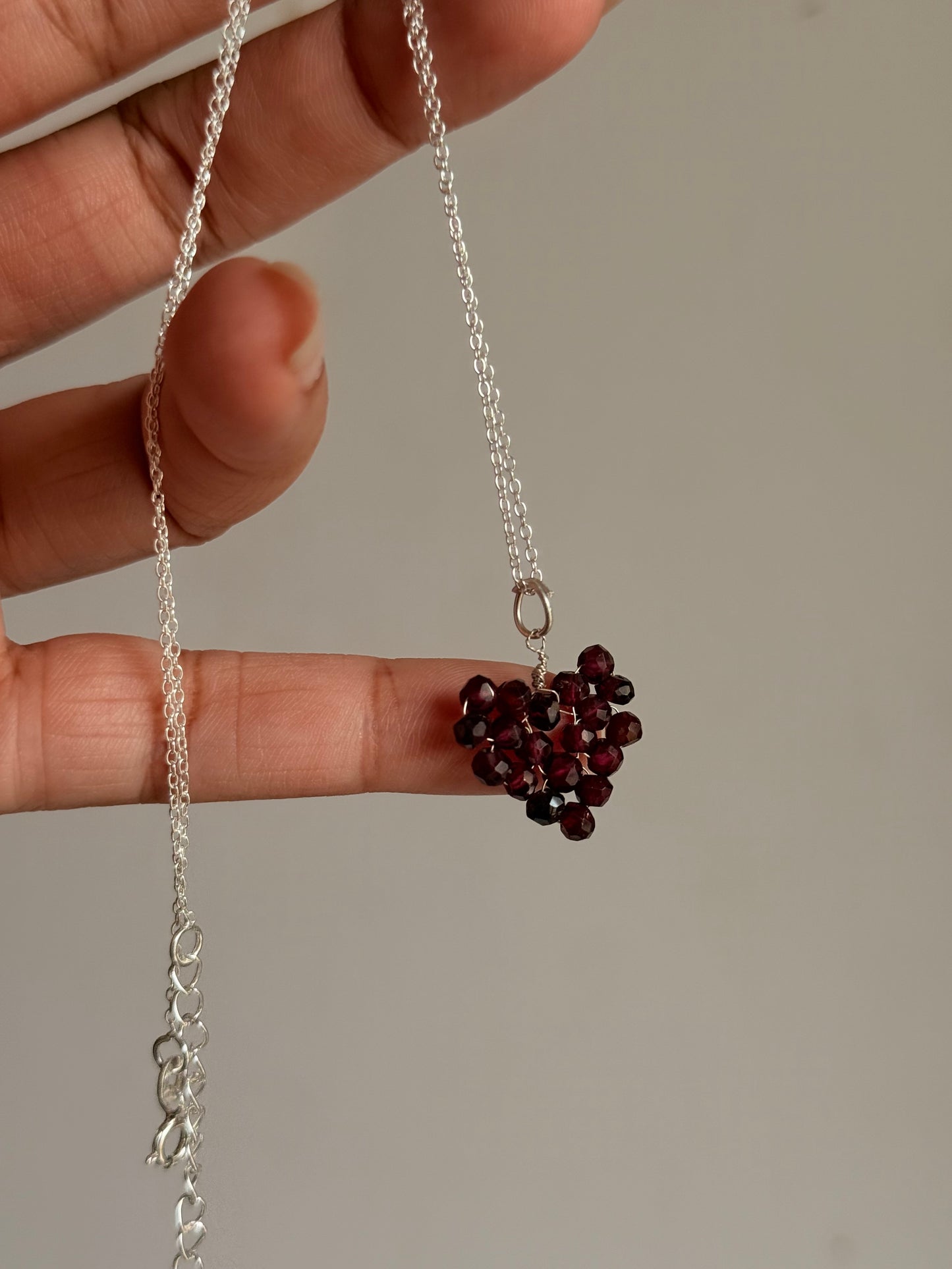 925 Sterling Silver Garnet Heart Beaded Wire Wrapped Handcrafted Love Necklace