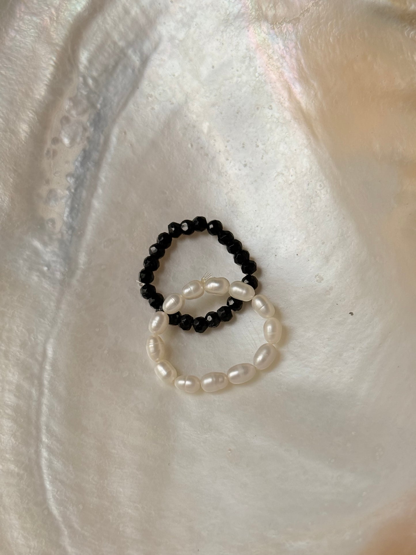 Natural Crystal Stretchy Black Spinel 3-4mm & Fresh Water Pearl Rings