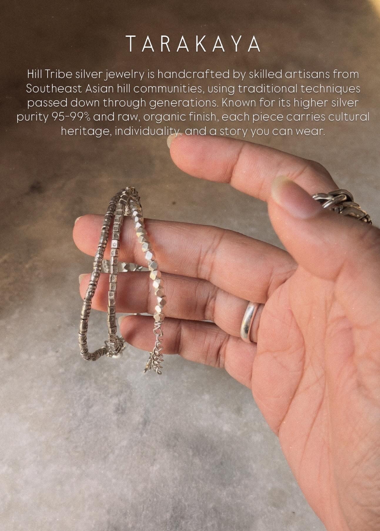 925 Sterling Silver Bohemian Square Beads Hill Tribe With Floral Hand Engraved Beaded In Silver Wire Handcrafted Stack Bracelet