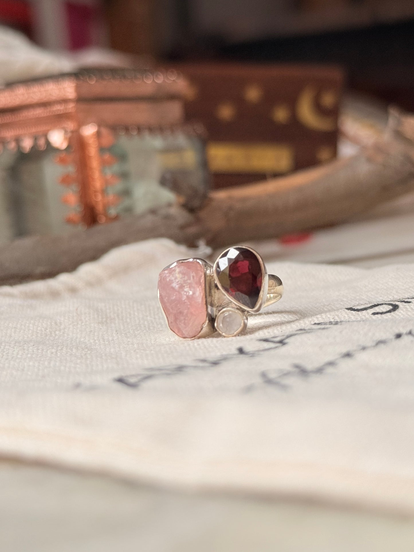 925 Sterling Silver Garnet, Moonstone and Rose Quartz Cluster One of a Kind Ring
