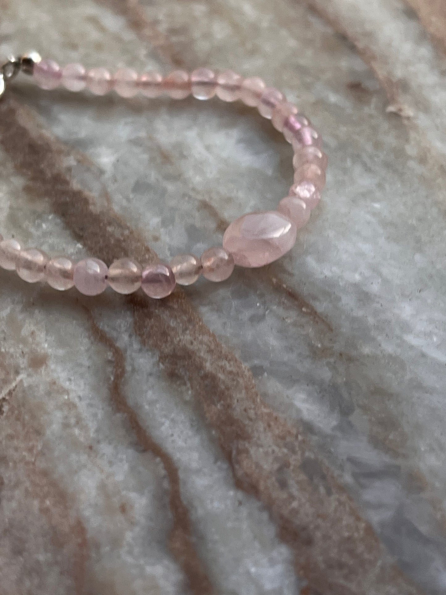 Rose Quartz Tumble & Plain Round 4mm Natural crystal 925 Sterling Silver Bracelet