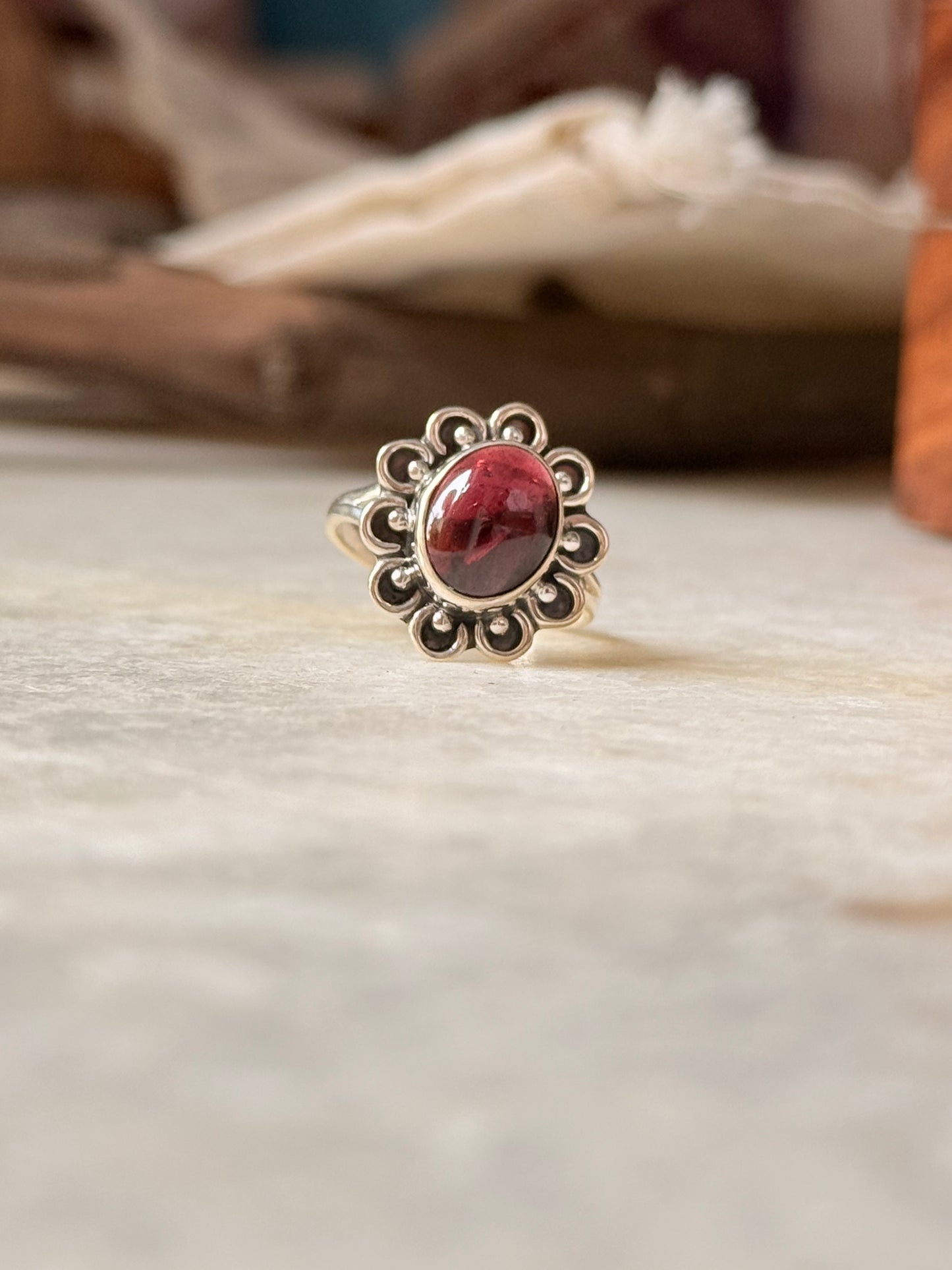 925 Sterling Silver Garnet Oval Flower Boho Ring