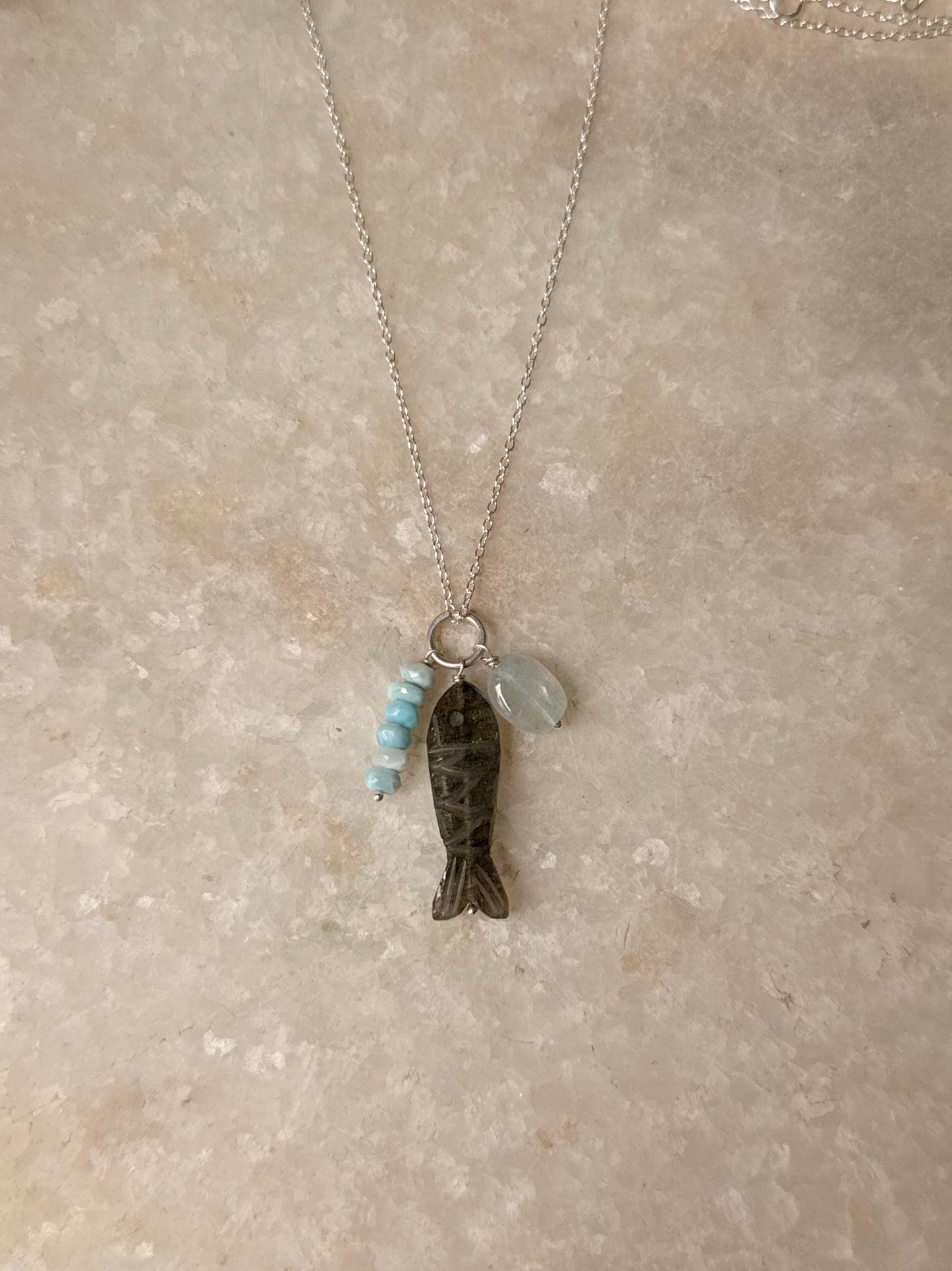 925 Sterling Silver Labradorite Fish Carved , Larimar & Aquamarine Small Tumble Charms Dainty Cable Chain Necklace