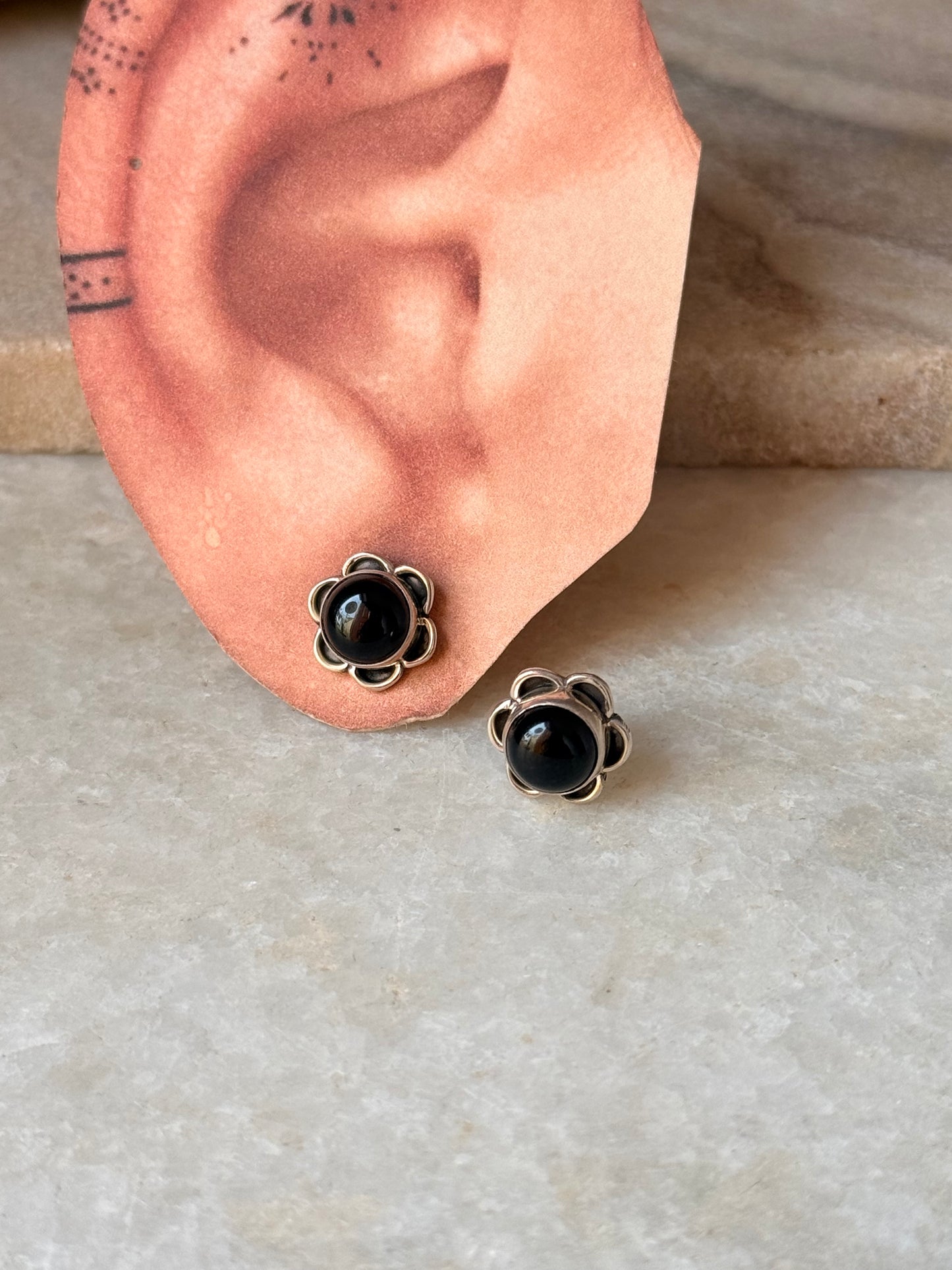 925 sterling silver Black Onyx Flower Studs Earrings