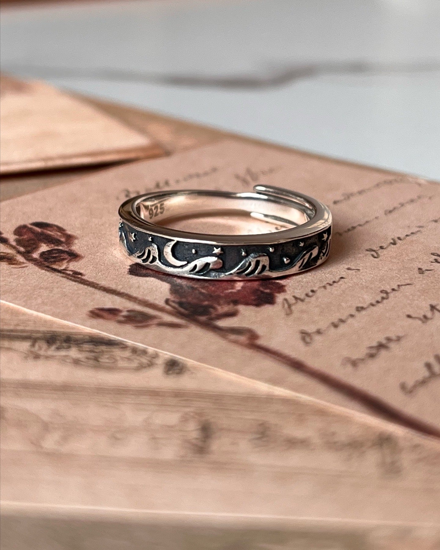 Adjustable Silver Ring with Waves, Moon, and Stars Symbolism