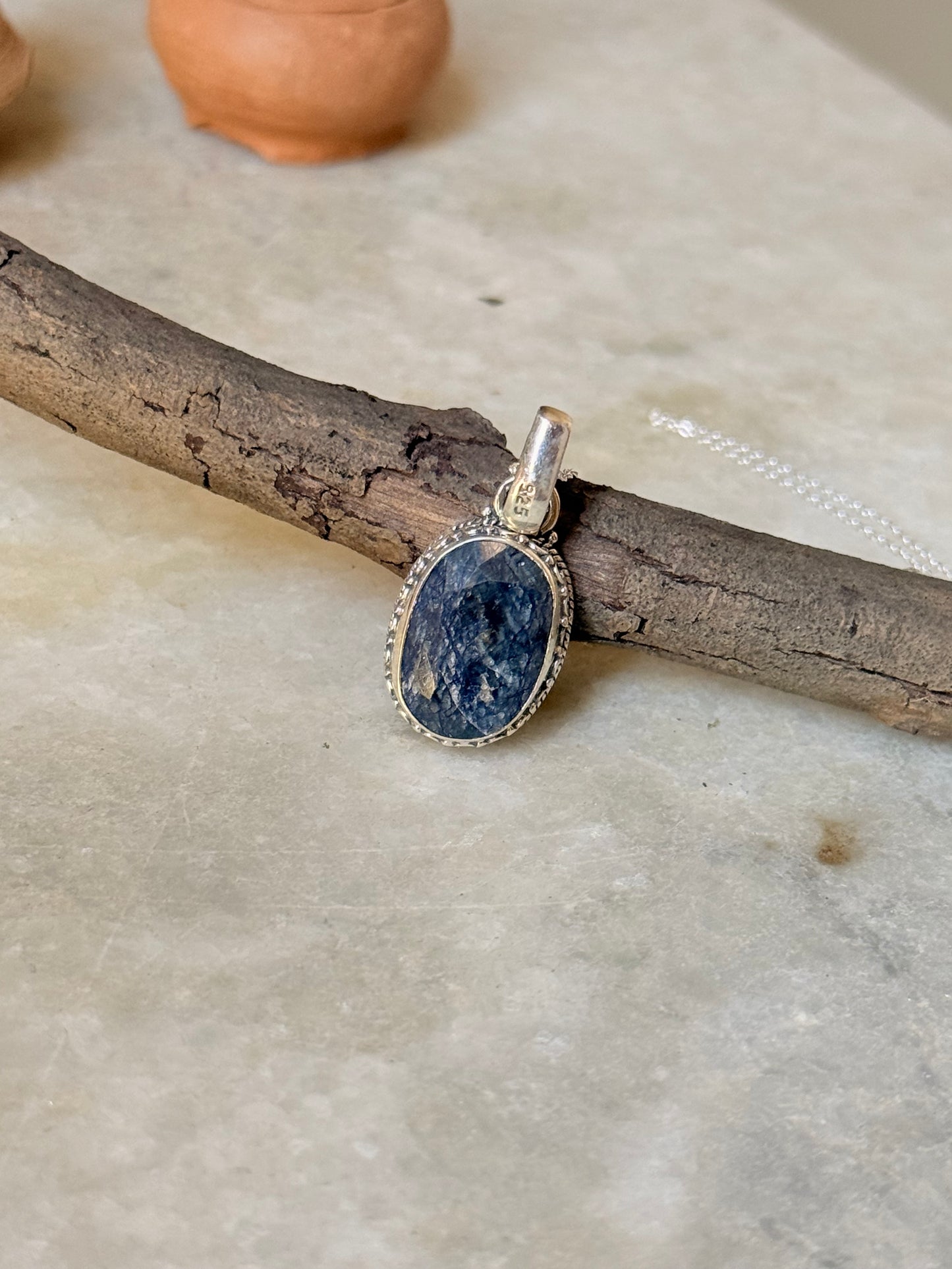 925 Sterling Silver Dumortierite Quartz Faceted Pendant