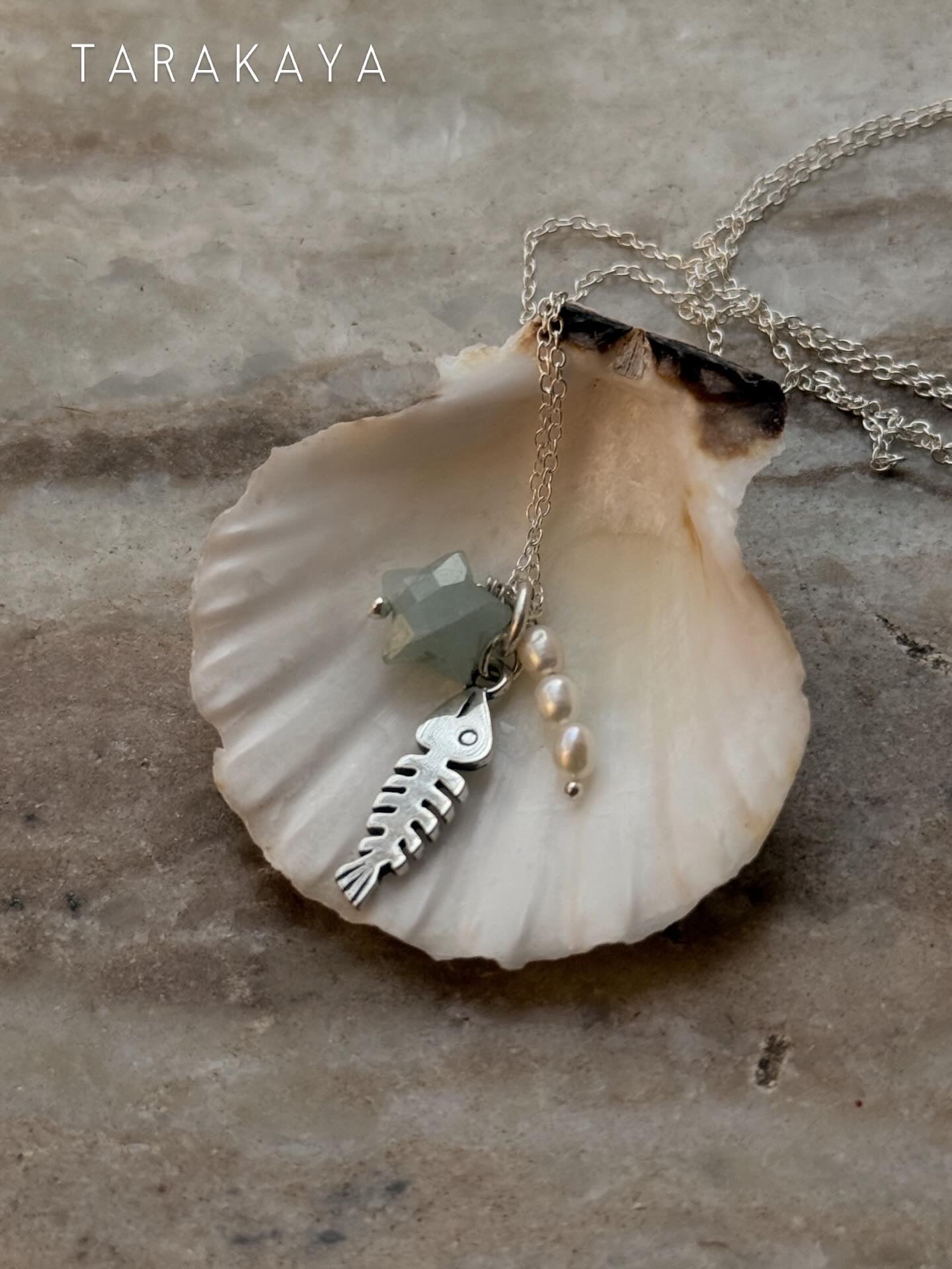 925 Sterling Silver Aquamarine Star, Fresh Water Pearls & Fish Bone Charm Handcrafted Necklace