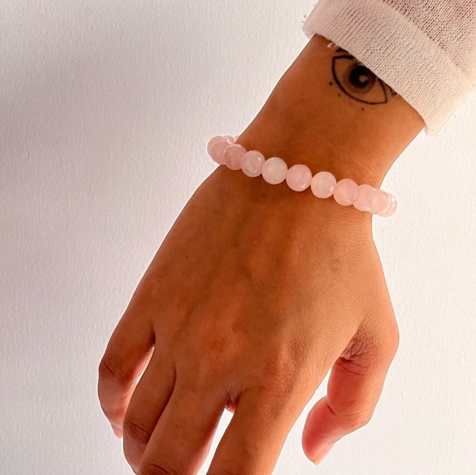 Elegant Rose Quartz 8MM Diamond Cut Natural Crystal Bracelet