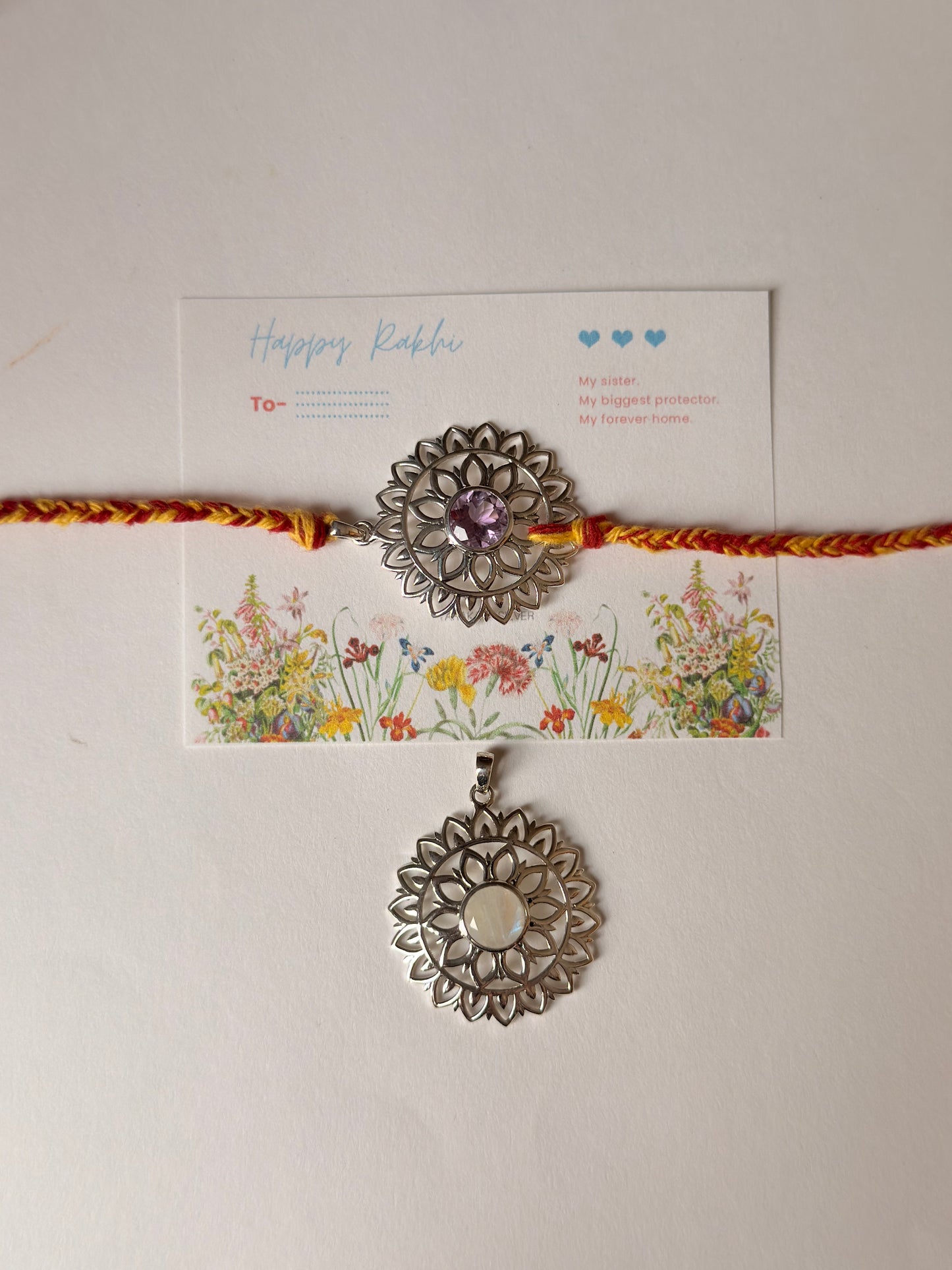 925 Sterling Silver Gemstone Mandala Rakhi - Reusable as Pendant Handcrafted Rakhi