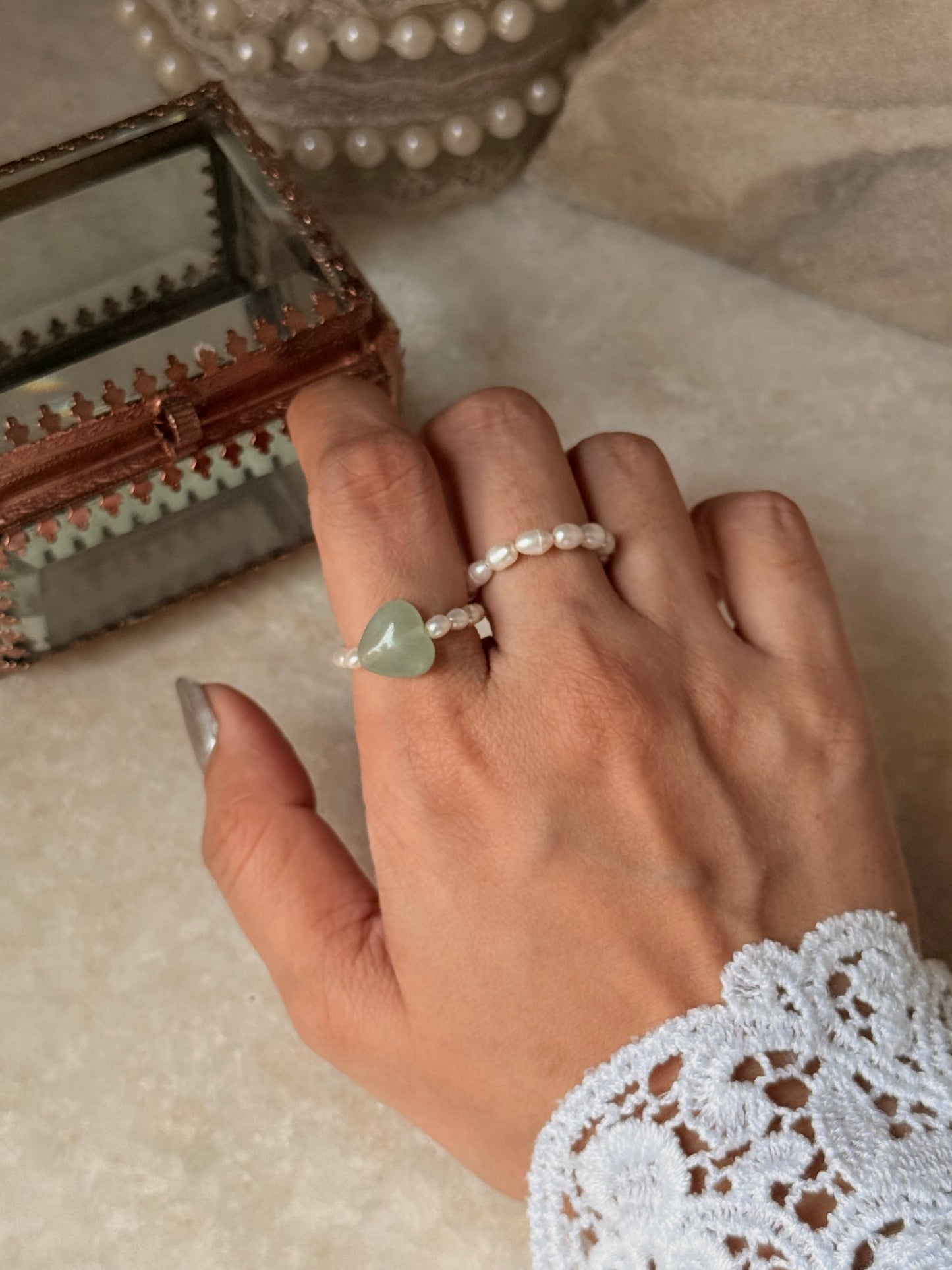 Natural Crystal Stretchy Fresh Water Pearl & Green Aventurine Heart Rings