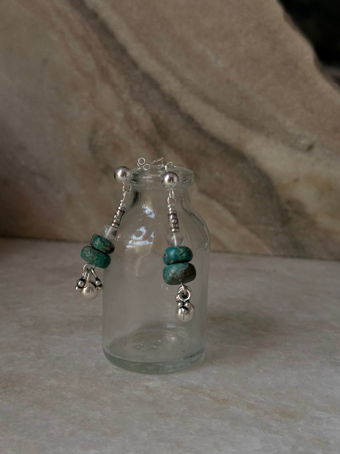925 Sterling Silver Kingsman Turquoise, Clear Quartz , Sun Engraved Beads & Ghungroo Tribal Handcrafted Studs