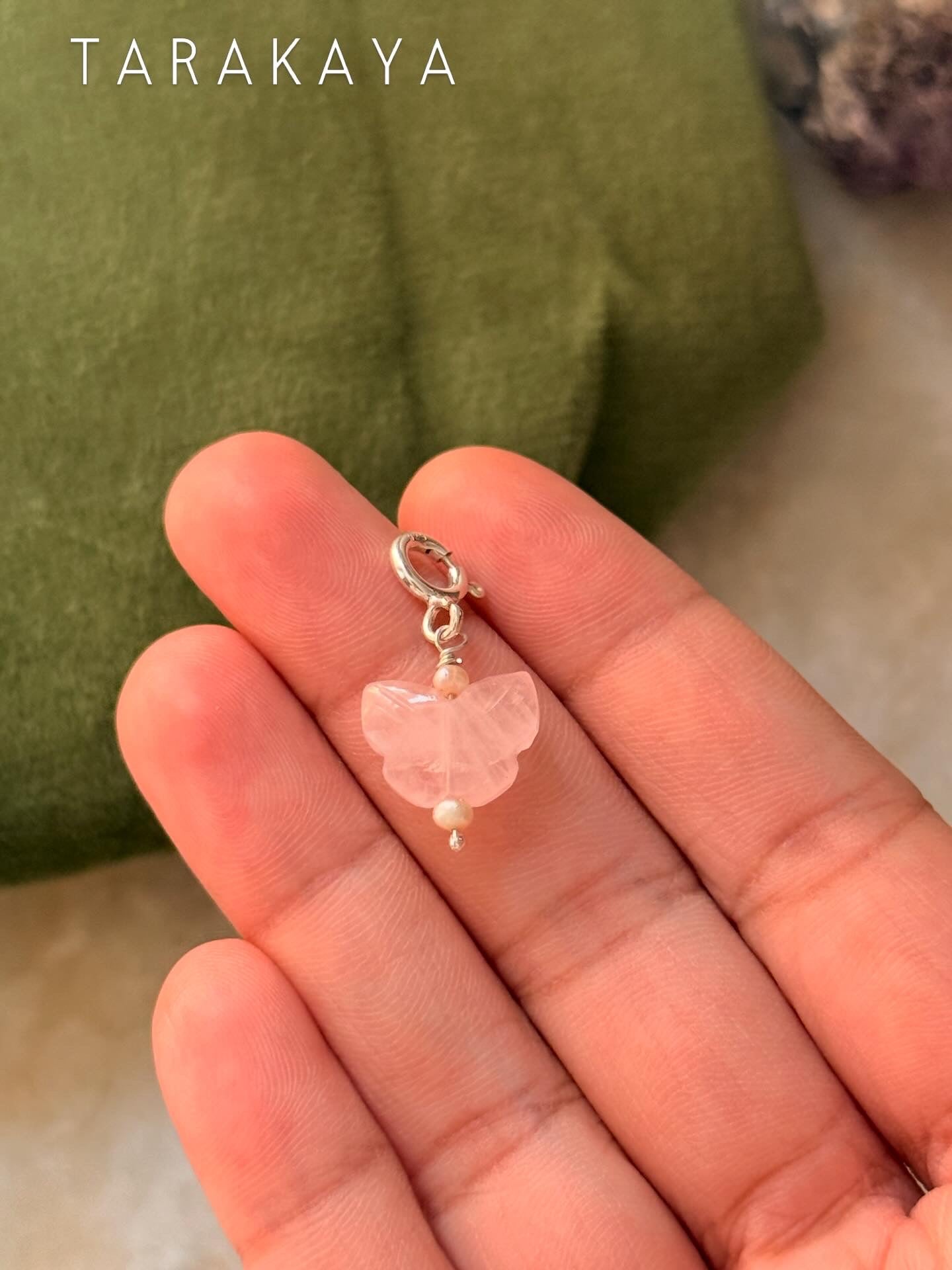 925 Sterling Silver Rose Quartz Butterfly With Pearls Charm