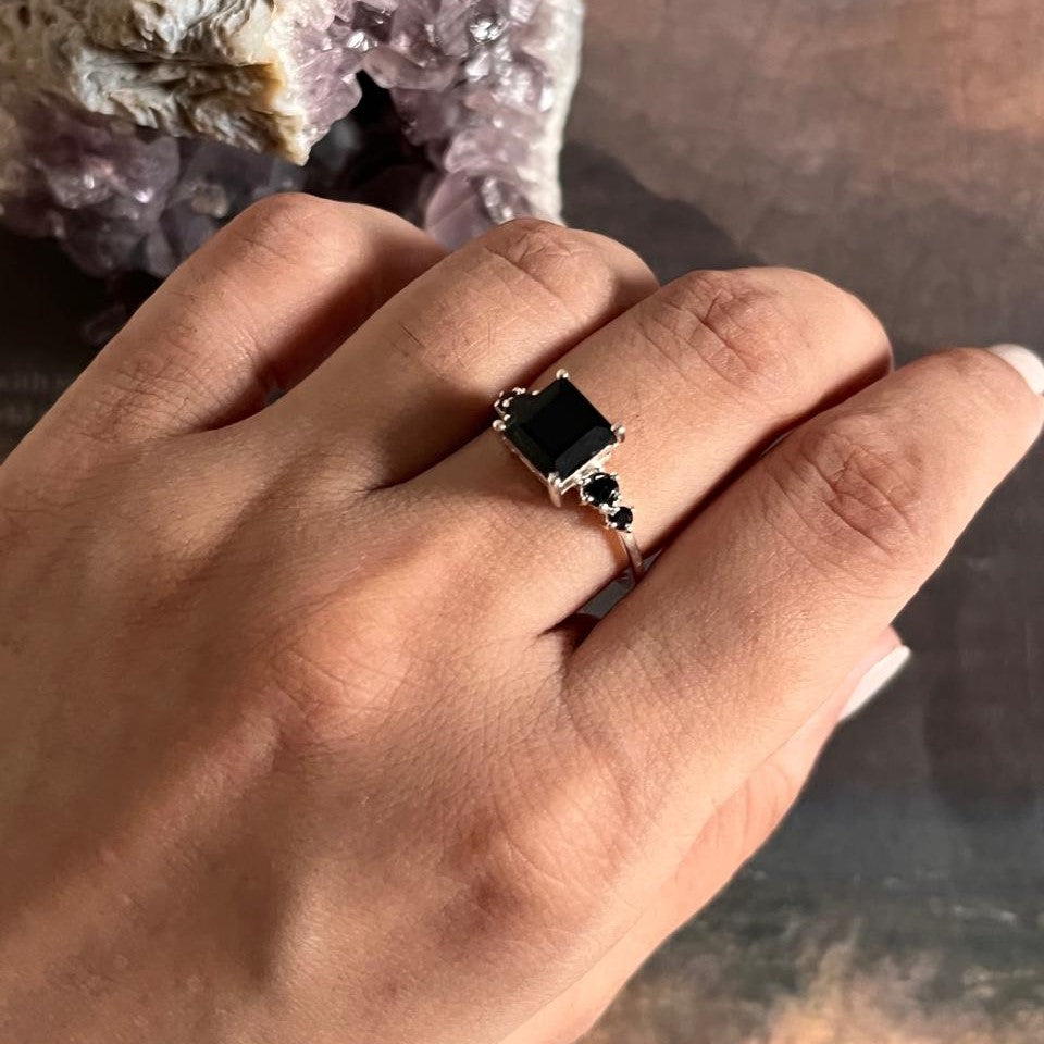 Sleek Square Cut Black Onyx Silver Band