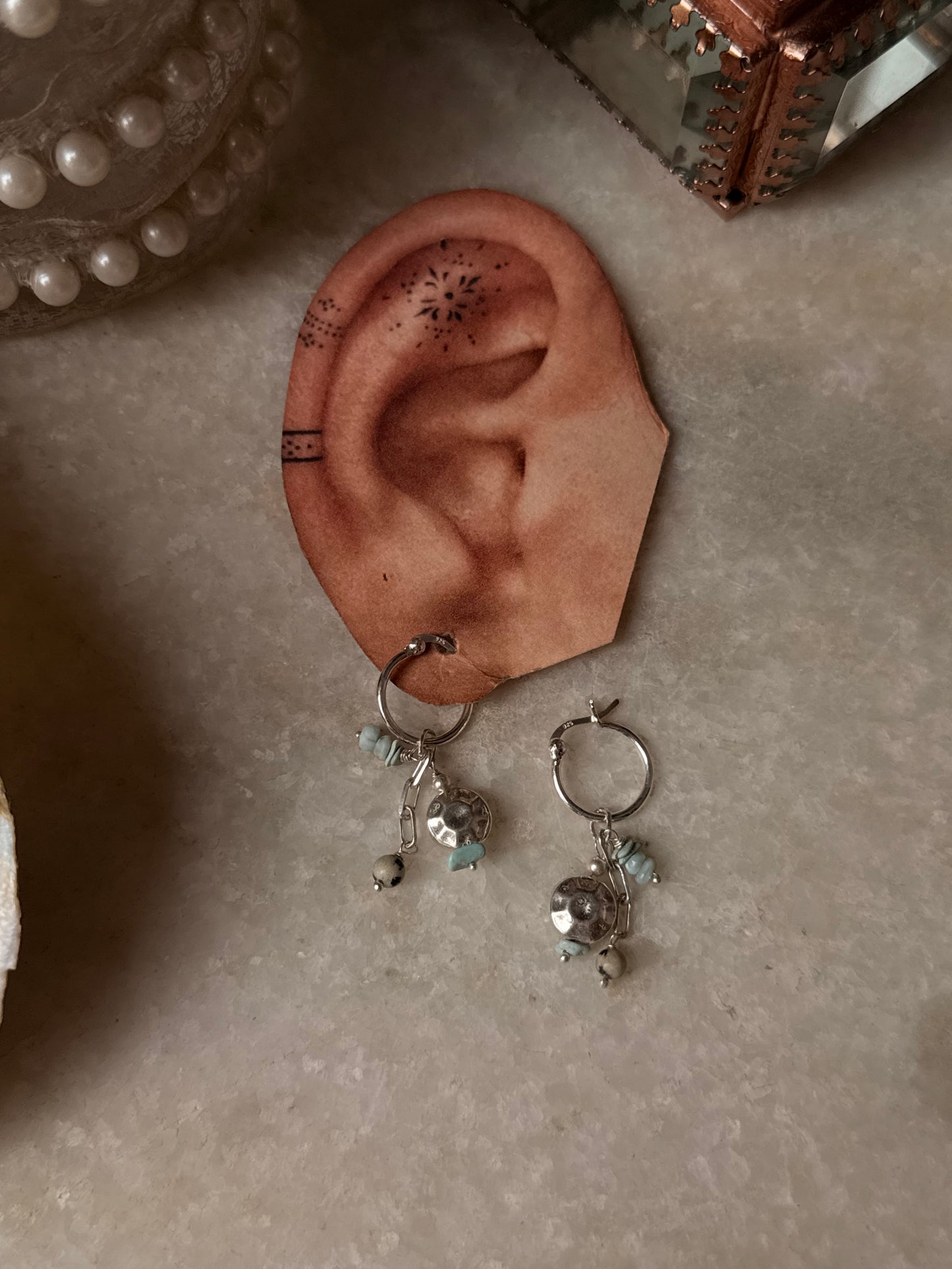 925 Sterling Silver Larimar , Turquoise , Dalmatian Jasper With Paper Clip Chain, Handcrafted Rustic Hoops Earrings