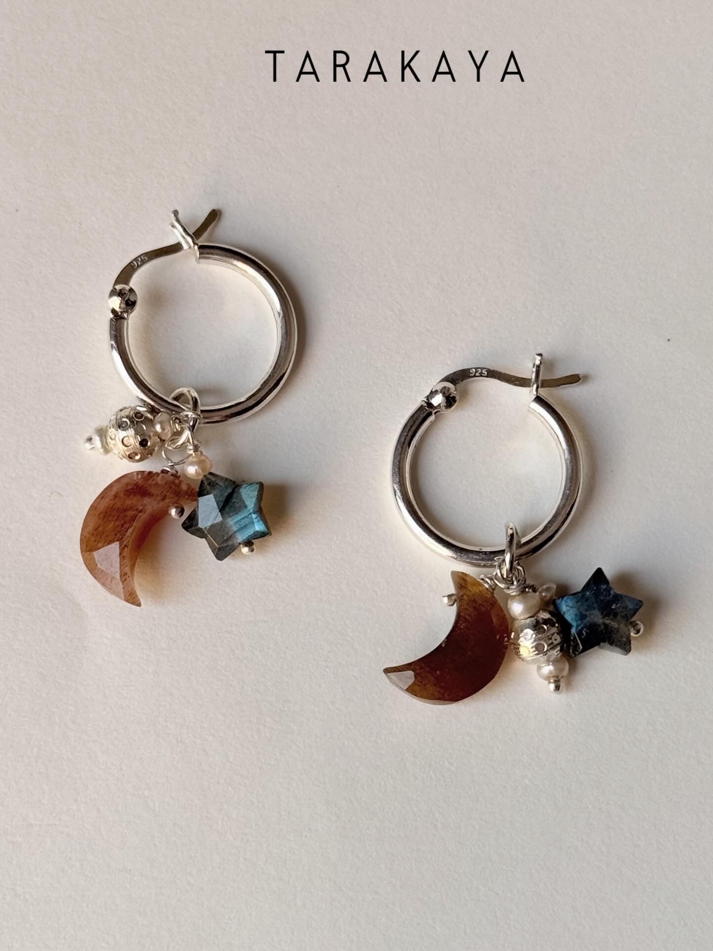 925 Sterling Silver Golden Moonstone Moon, Labradorite Star and Fresh Water Pearls with Silver Disco Beads Handcrafted Hoops