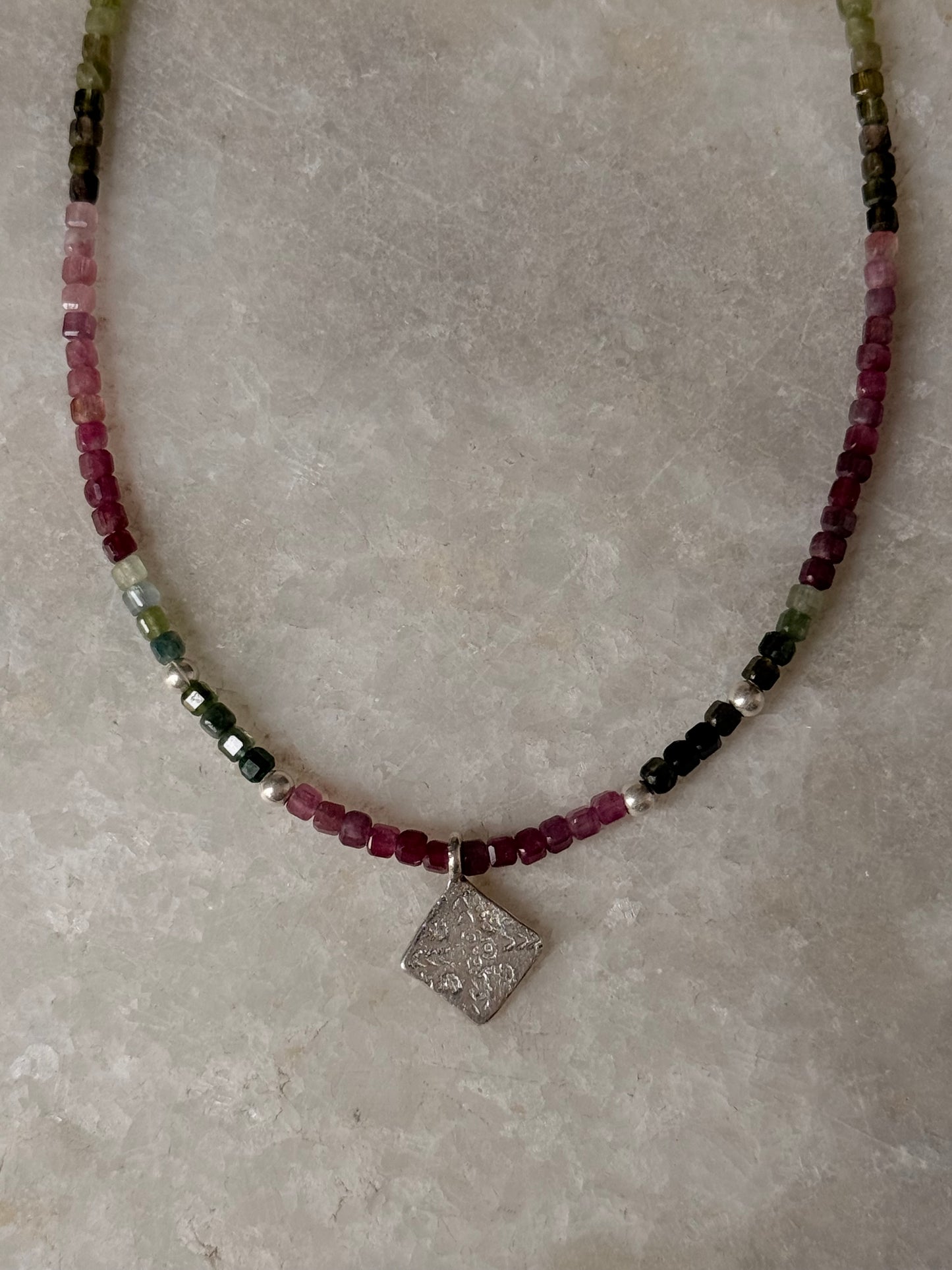 925 Sterling Silver Multi Tourmaline Box Tribal Charm & Silver Balls Necklace