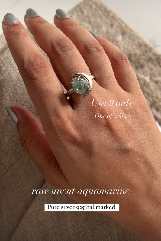 Aquamarine Raw Uncut Crescent Moon Adjustable Silver Ring