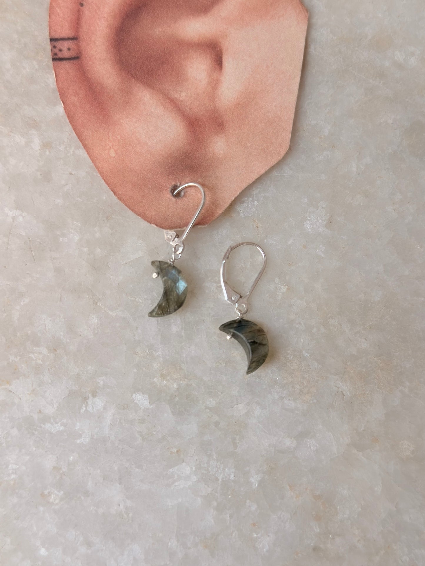 925 Sterling Silver Labradorite Moon Lever Back Earrings