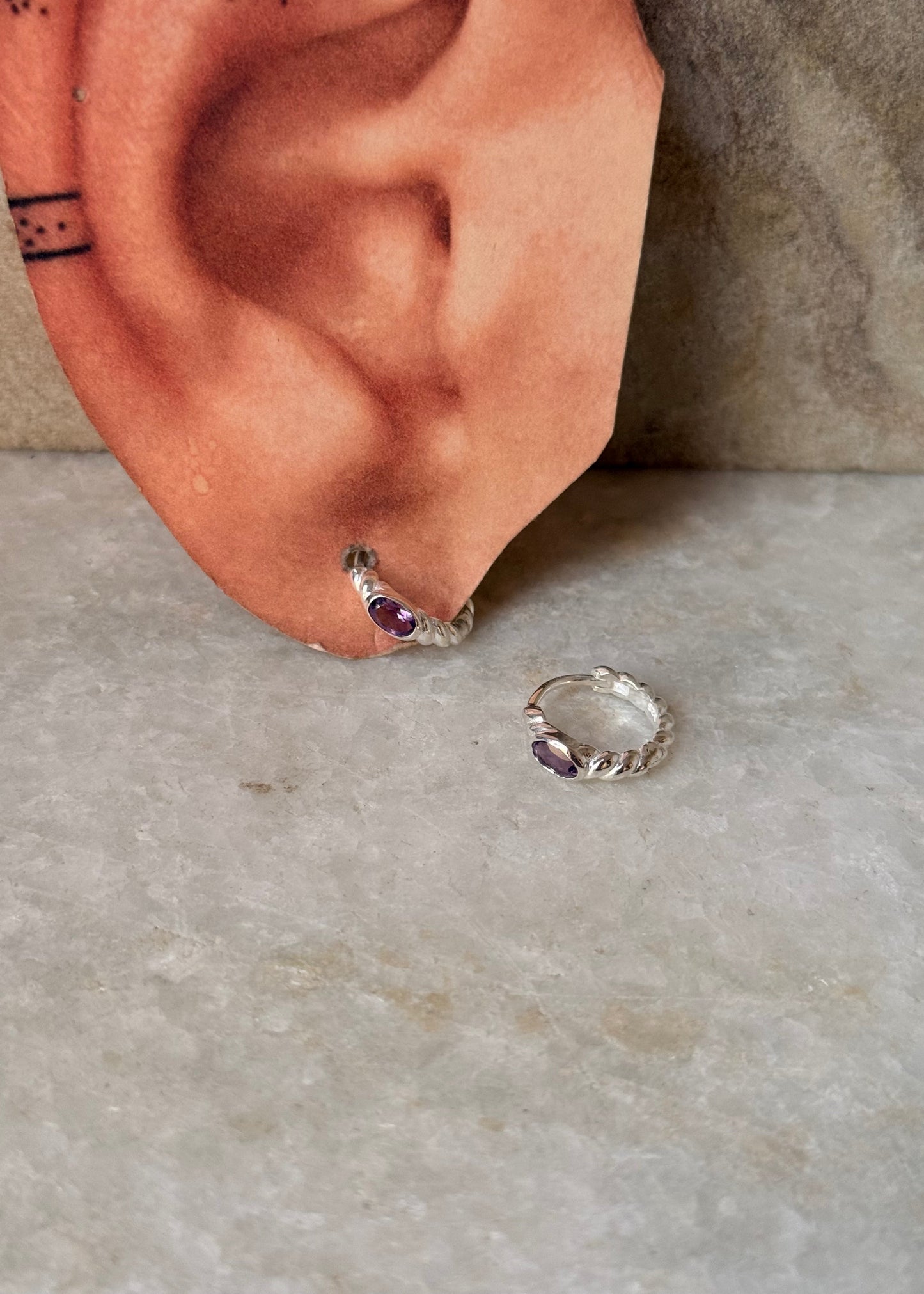 925 Sterling Silver Amethyst Croissant Huggies/ Hoops Earrings