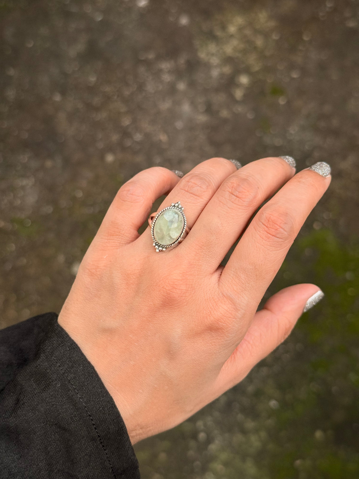 925 Sterling Silver Prehnite Oval Rawa Boho Ring