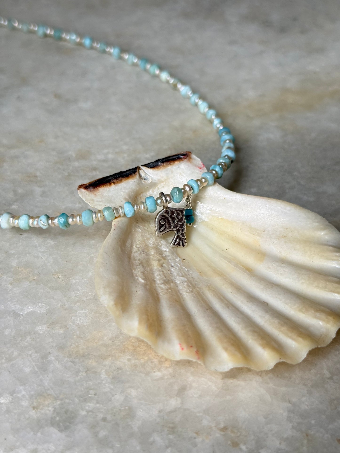 Natural Larimar, Fresh Water Pearls , Silver Fish Charm & Blue Bead Hanging Charm Handcrafted 925 Sterling Silver Necklace