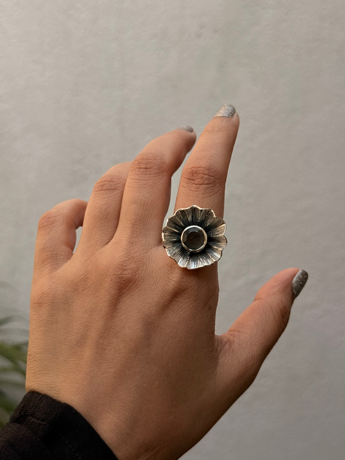 925 Sterling Silver Labradorite & CZ Flower Ring