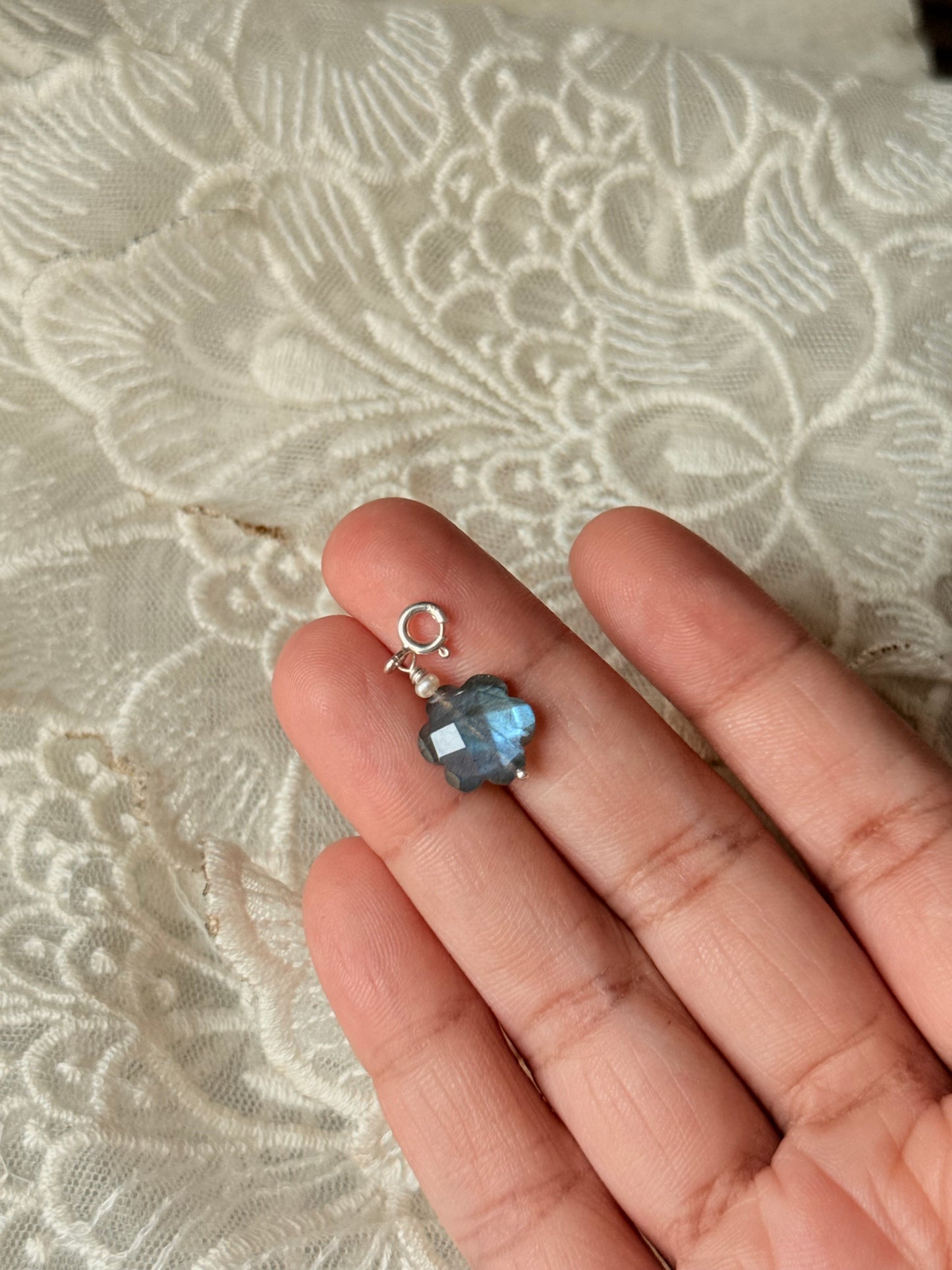 925 Sterling Silver Labradorite Floral Carved With Fresh Water Pearls Handcrafted Charm