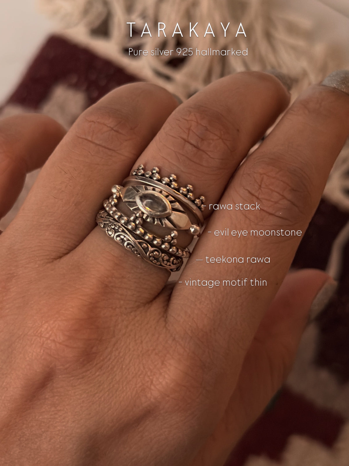 925 Sterling Silver Moonstone Evil Eye Boho Stack Ring
