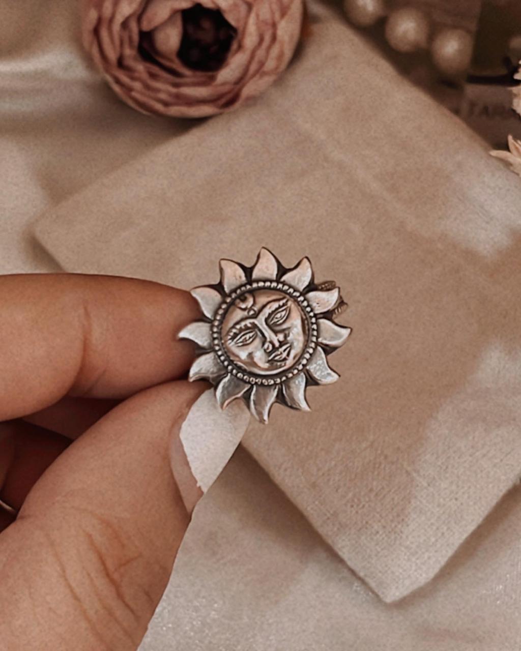 Charming Surya Dev symbol adjustable silver ring
