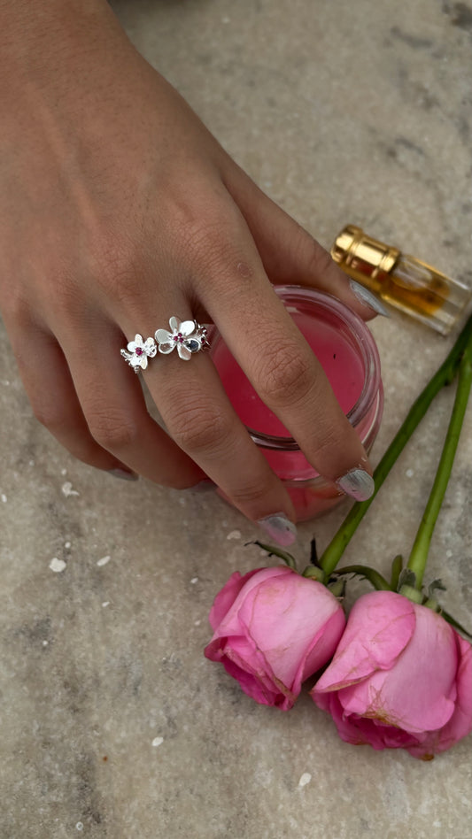 925 Sterling Silver Ruby Lab Grown flowers Bouquet Adjustable Ring