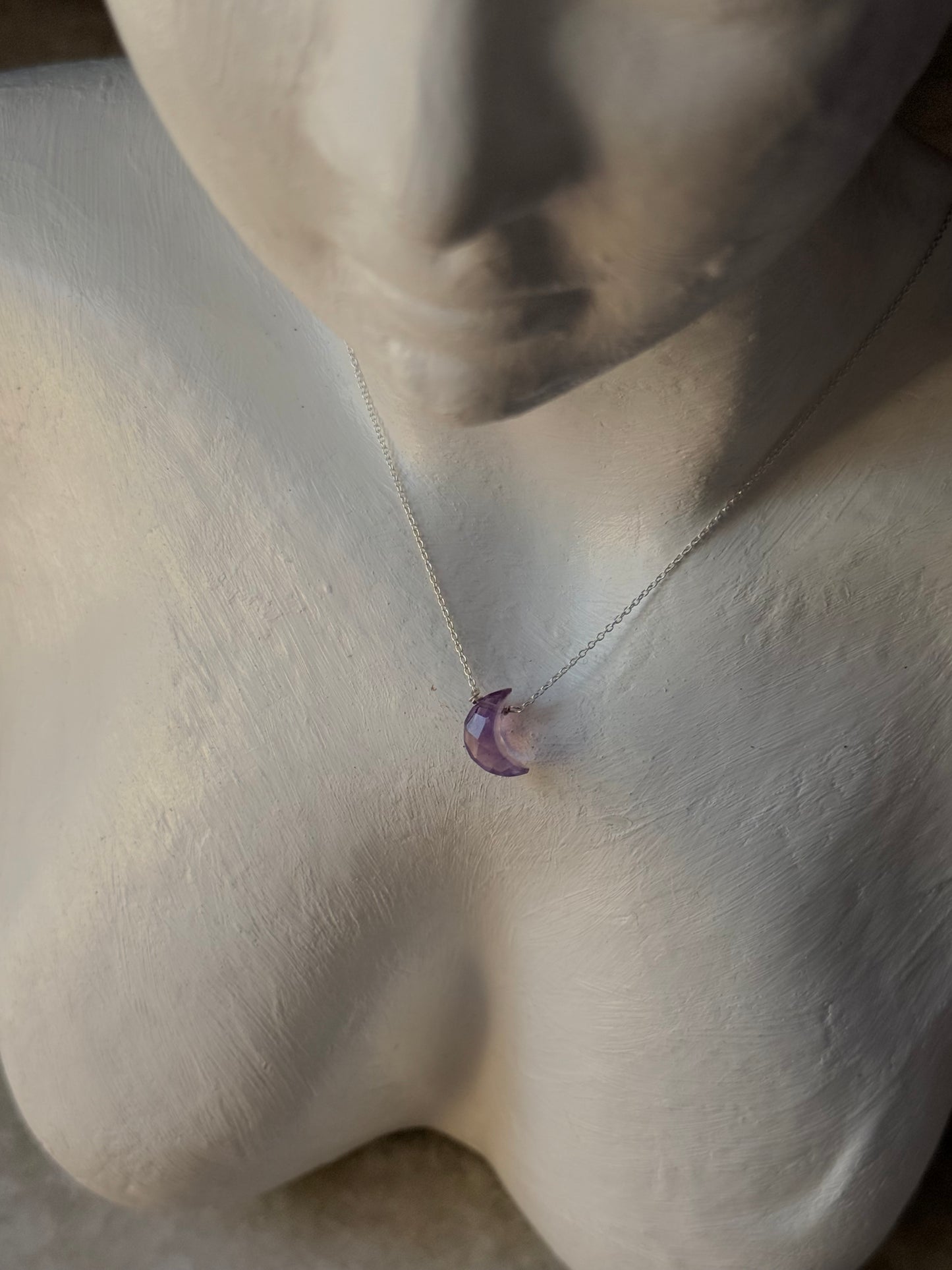 925 Sterling Silver Amethyst Moon Crescent Carved Handcrafted Necklace