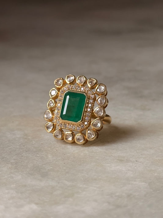925 Sterling Silver Gold Plated Green onyx , Antique Moissanite Polki Adjustable Ring