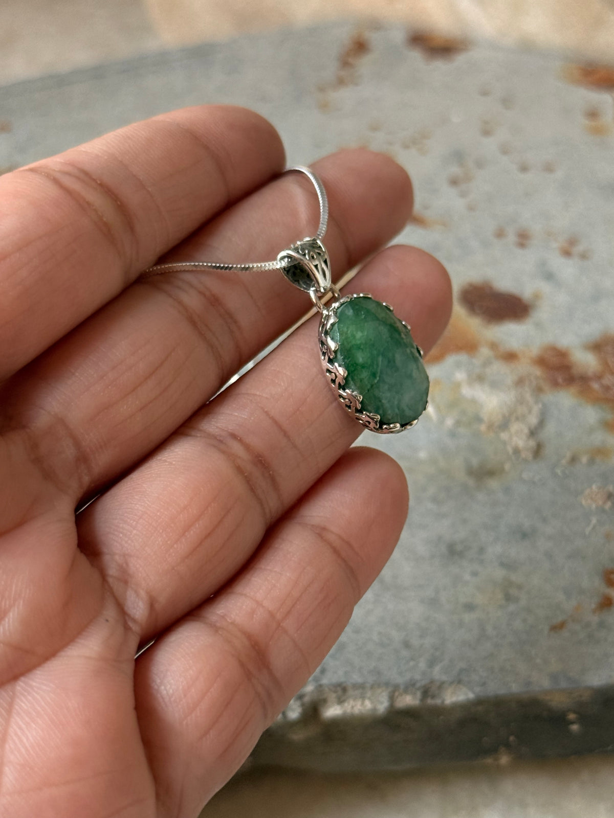 925 Sterling Silver Green Aventurine Faceted Oval Boho Handcrafted One of a Kind Pendant