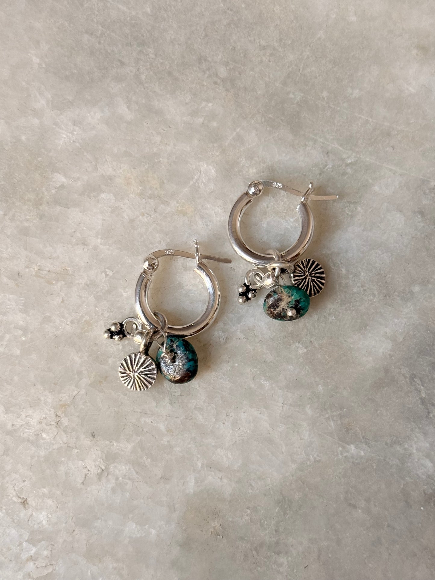 925 Sterling Silver Hill Tribe Handcrafted Coin Charm,Kingsman Turquoise ,Rawa Tribal Charm &Silver Ball -Removal Italian Hoops