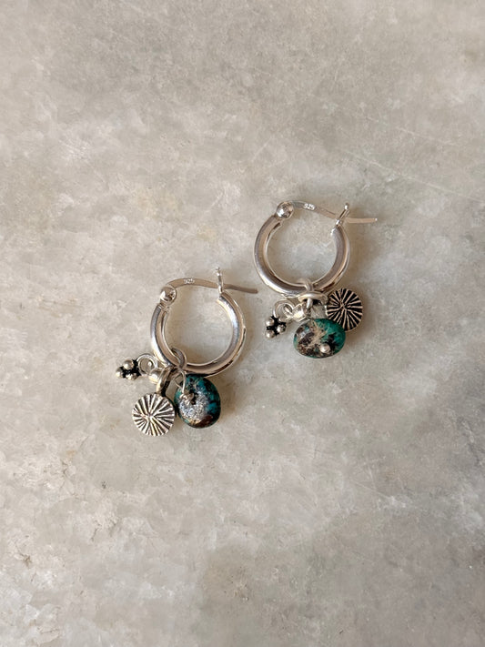 925 Sterling Silver Hill Tribe Handcrafted Coin Charm,Kingsman Turquoise ,Rawa Tribal Charm &Silver Ball -Removal Italian Hoops