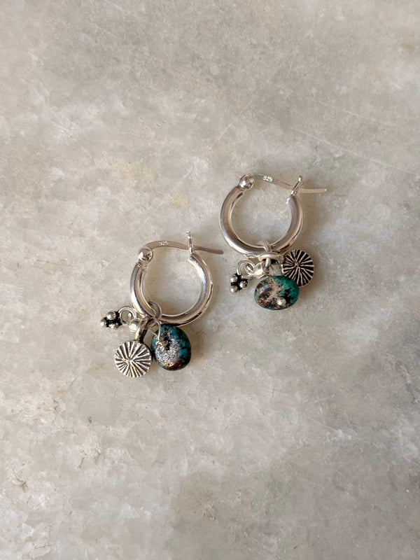 925 Sterling Silver Hill Tribe Handcrafted Coin Charm,Kingsman Turquoise ,Rawa Tribal Charm &Silver Ball -Removal Italian Hoops