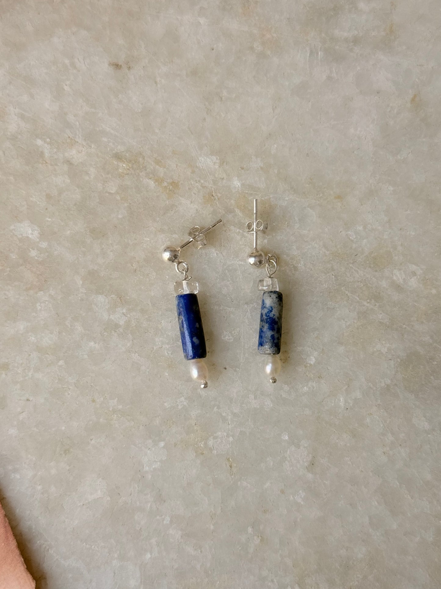 925 Sterling Silver Lapis Lazuli, Clear Quartz & Pearl Studs Earrings