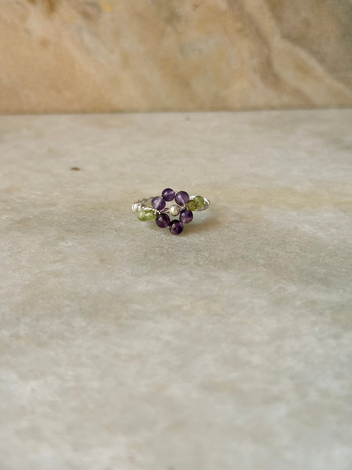 925 Sterling Silver Amethyst & Peridot Floral Wire Wrapped Handcrafted Ring